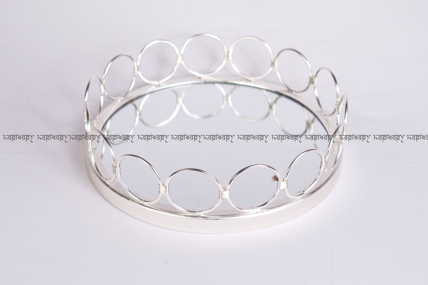 ROUND ACCENT TRAY WITH MIRROR & RINGS BORDER FOR GIFTING, TROUSSEAU PACKING, DECOR (25cm diameter)