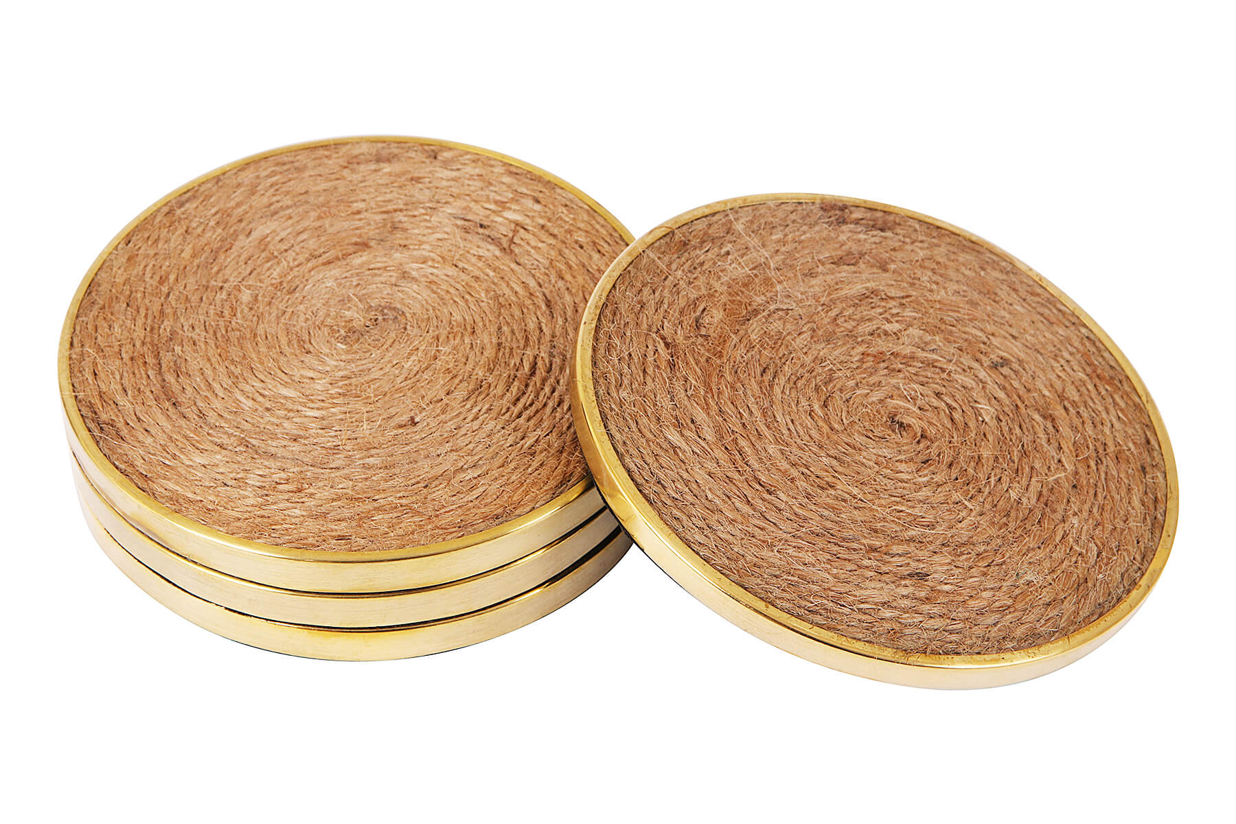 WOODEN COASTERS SET OF 4 WITH GOLDEN BORDER/ SWIRL JUTE DETAILING
