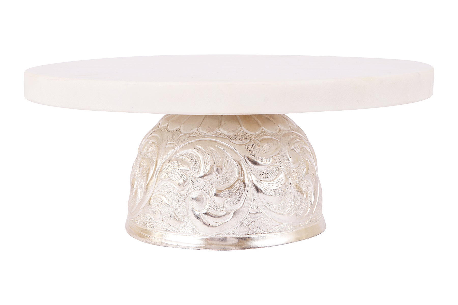MARBLE CAKE STAND WITH SILVER CARVED BASE/ CAKE PLATTER/ SERVING PLATTER