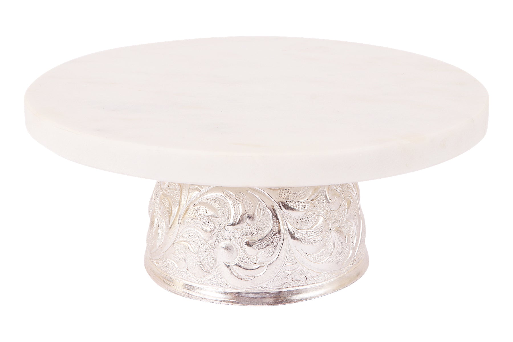 MARBLE CAKE STAND WITH SILVER CARVED BASE/ CAKE PLATTER/ SERVING PLATTER