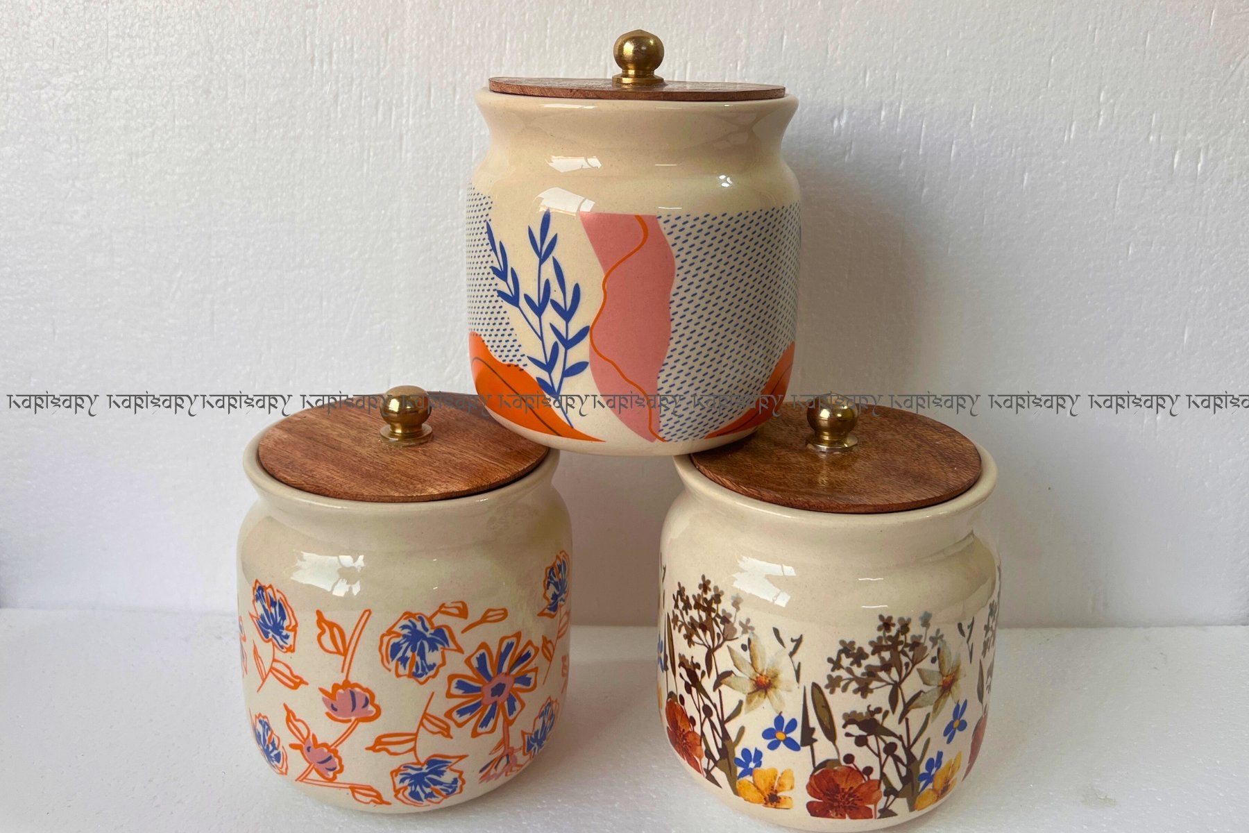 DECORATIVE JARS FOR COOKIES AND DRYFRUITS, CERAMIC JARS FOR GIFTING, WOODEN LID JARS FOR KITCHEN & HOME DÉCOR, IVORY FLORAL SET OF 3