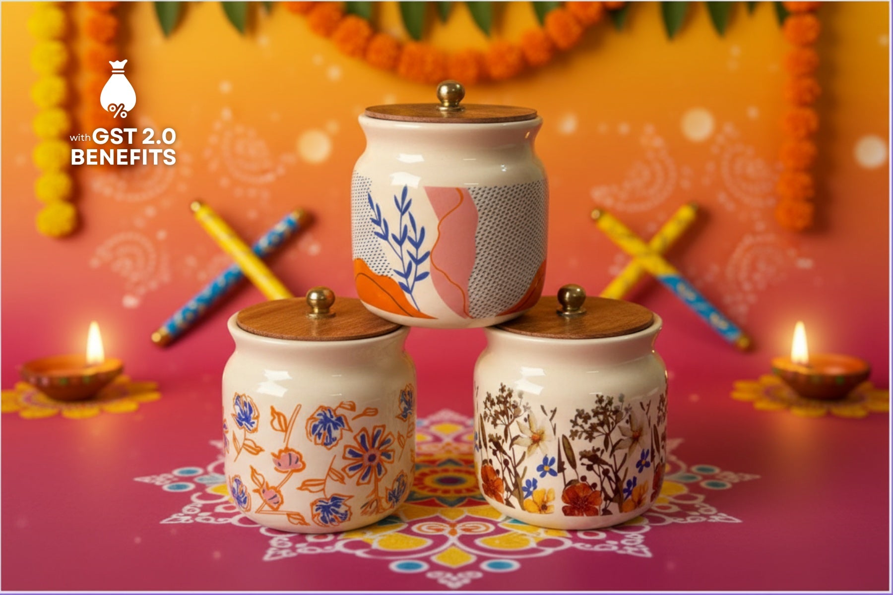 DECORATIVE JARS FOR COOKIES AND DRYFRUITS, CERAMIC JARS FOR GIFTING, WOODEN LID JARS FOR KITCHEN & HOME DÉCOR, IVORY FLORAL SET OF 3