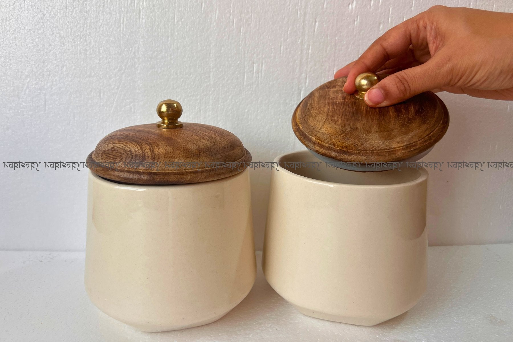 DECORATIVE JARS FOR COOKIES AND DRYFRUITS, CERAMIC JARS FOR GIFTING, WOODEN LID JARS FOR KITCHEN & HOME DÉCOR, IVORY PLAIN SET OF 2
