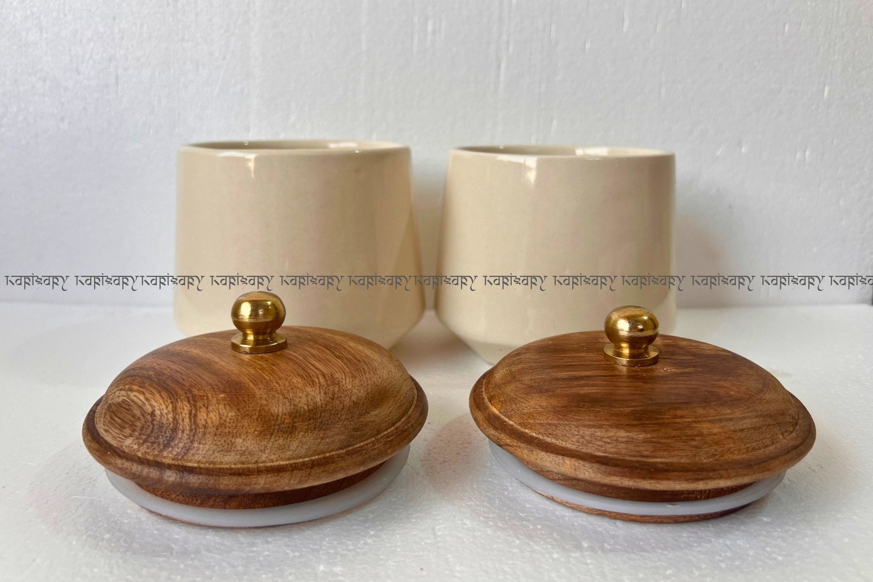 DECORATIVE JARS FOR COOKIES AND DRYFRUITS, CERAMIC JARS FOR GIFTING, WOODEN LID JARS FOR KITCHEN & HOME DÉCOR, IVORY PLAIN SET OF 2