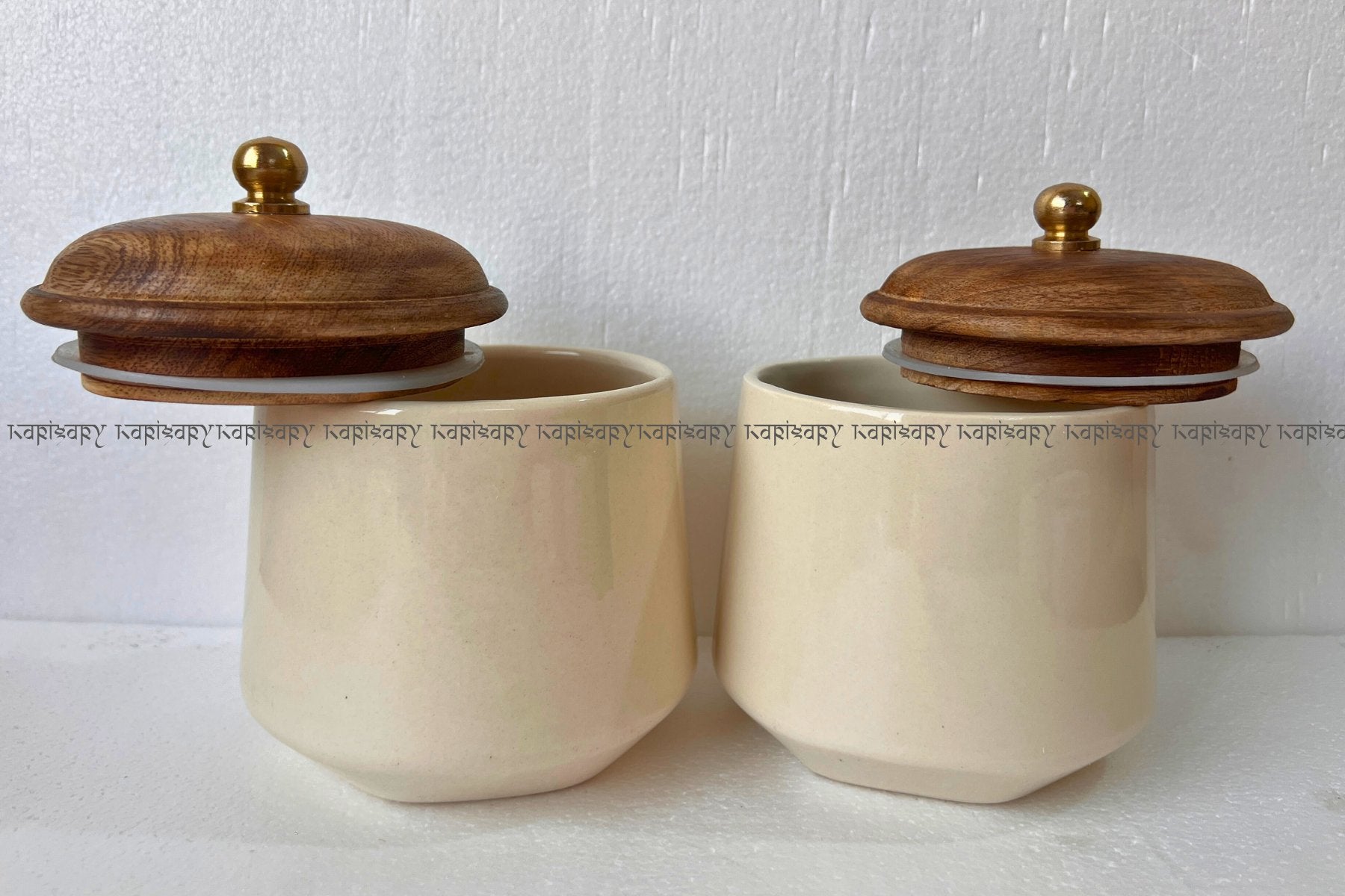 DECORATIVE JARS FOR COOKIES AND DRYFRUITS, CERAMIC JARS FOR GIFTING, WOODEN LID JARS FOR KITCHEN & HOME DÉCOR, IVORY PLAIN SET OF 2