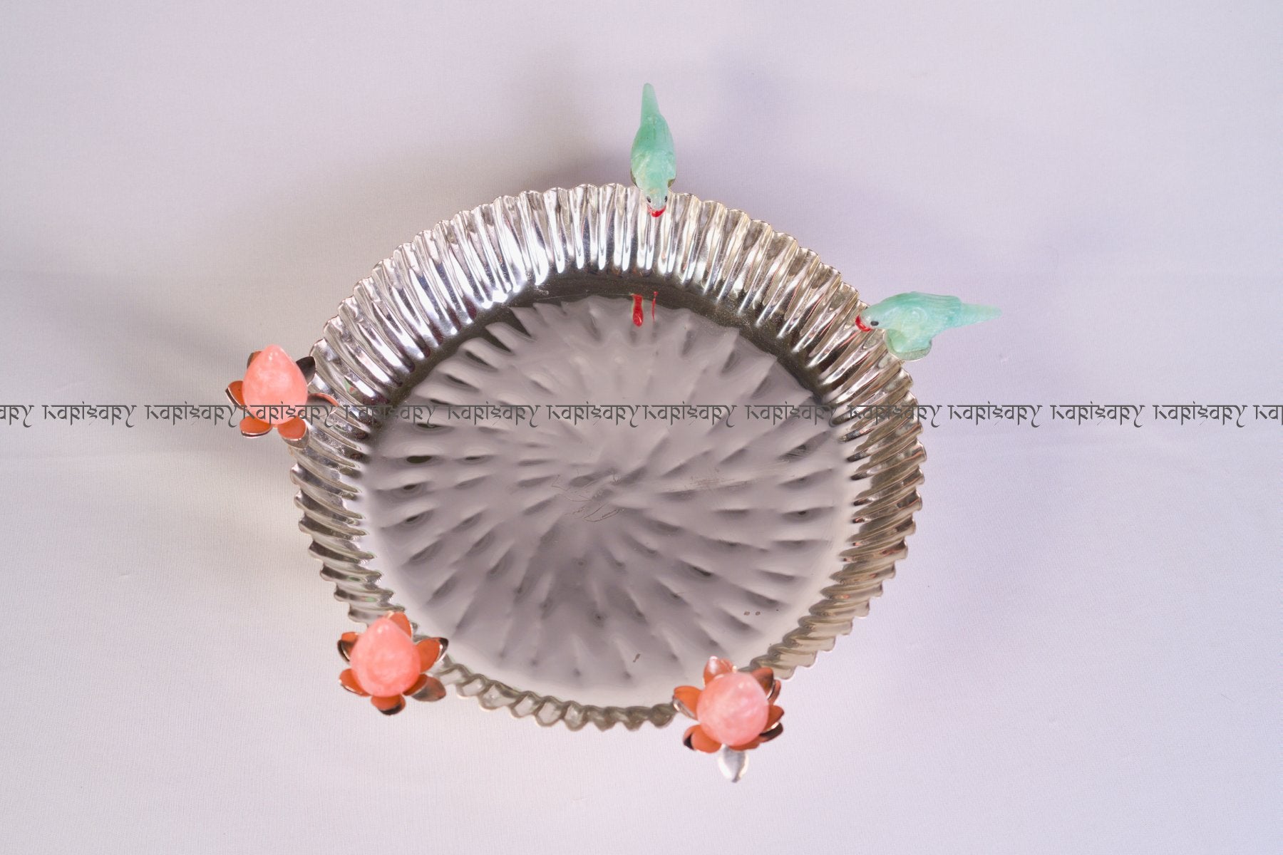 DECORATIVE METAL PLATTER IN SILVER FINISH FOR FLOWERS,SWEETS, CAKES & HOME DÉCOR & GIFTING (PARROT AND BUD DESIGN)