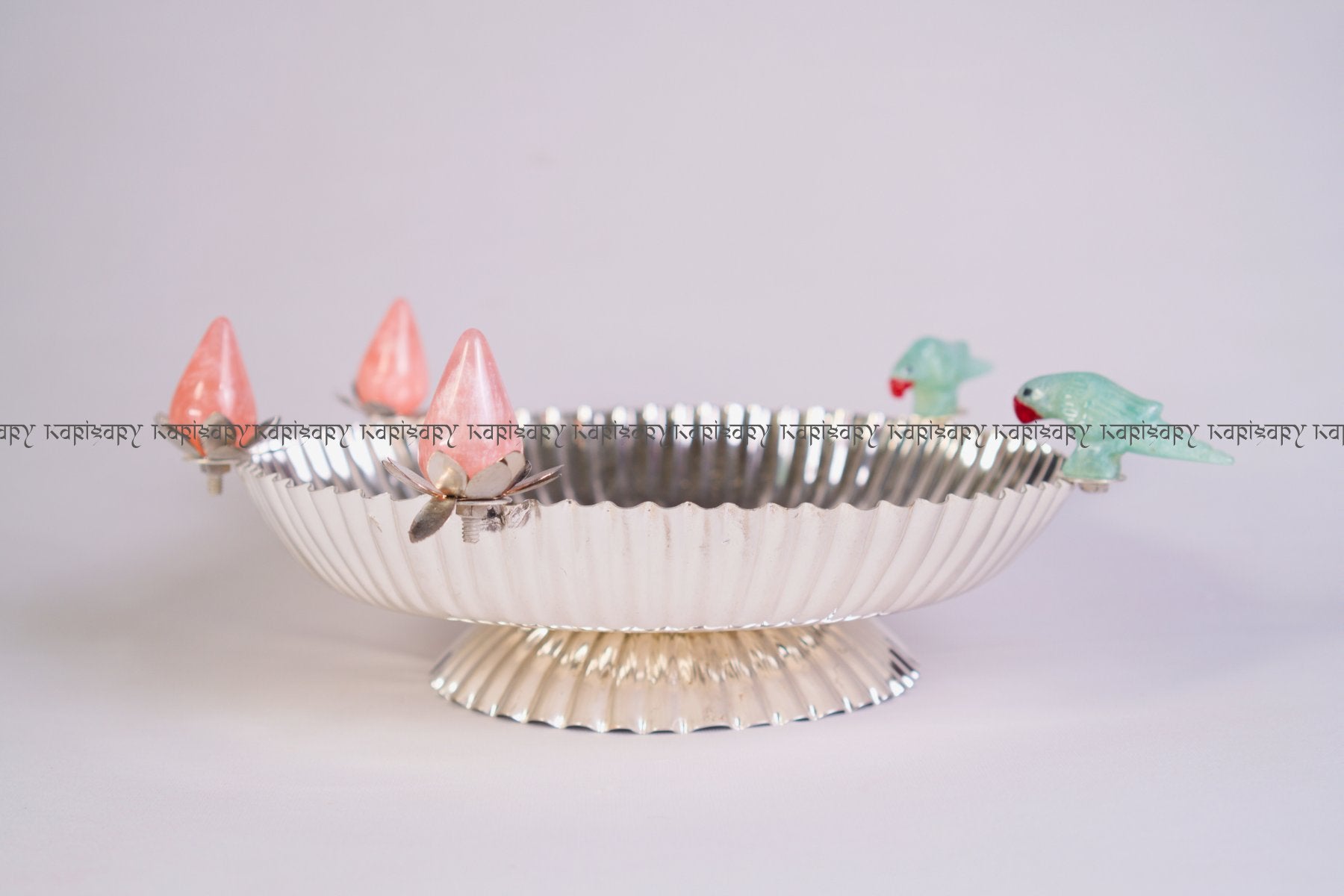 DECORATIVE METAL PLATTER IN SILVER FINISH FOR FLOWERS,SWEETS, CAKES & HOME DÉCOR & GIFTING (PARROT AND BUD DESIGN)