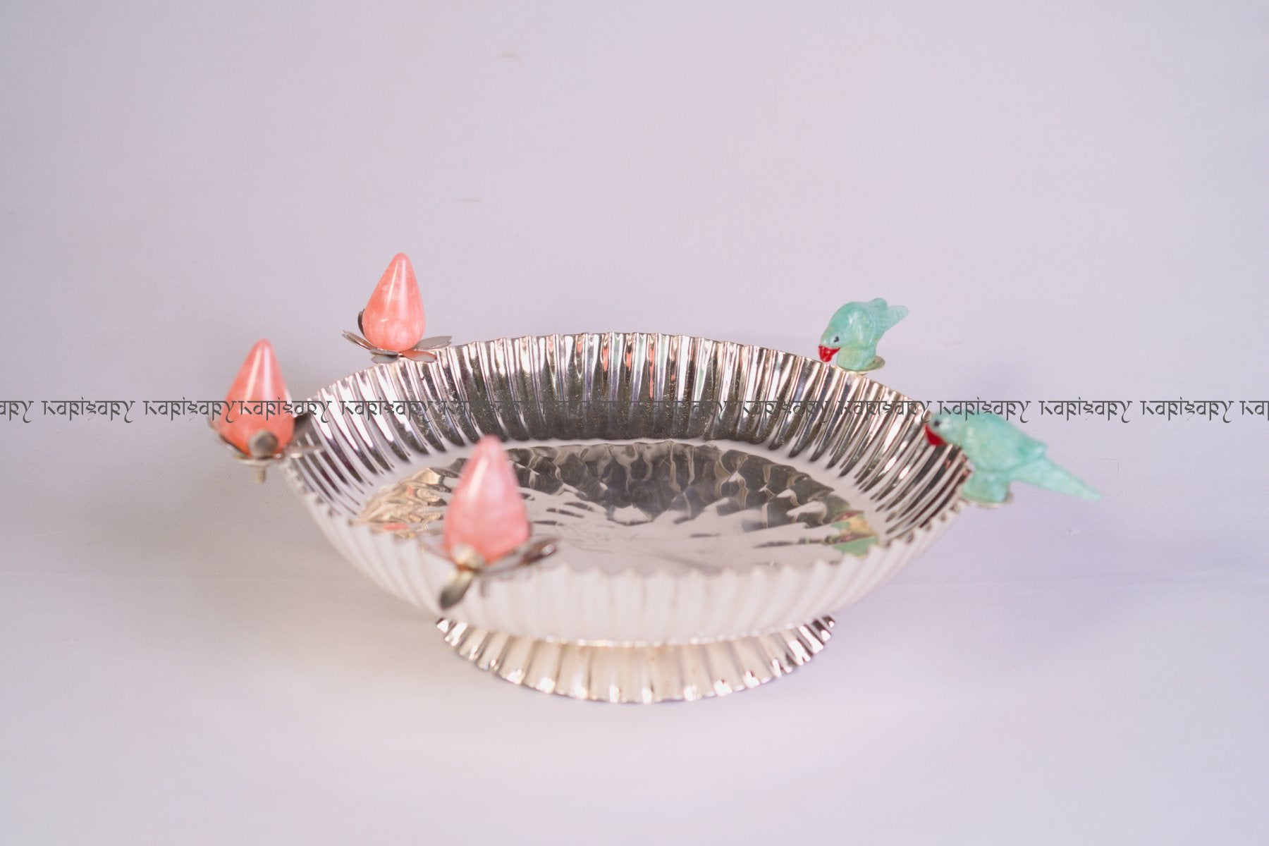 DECORATIVE METAL PLATTER IN SILVER FINISH FOR FLOWERS,SWEETS, CAKES & HOME DÉCOR & GIFTING (PARROT AND BUD DESIGN)
