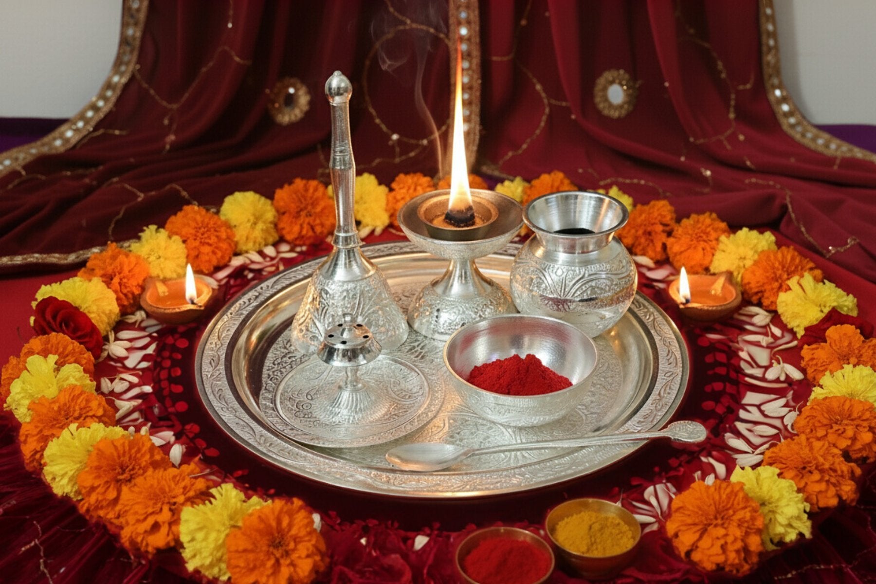 DECORATIVE METAL POOJA THALI SET IN SILVER FINISH, LUXURY POOJA ARTICLES FOR GIFTING, SET OF 7pc, ETCHING DESIGN