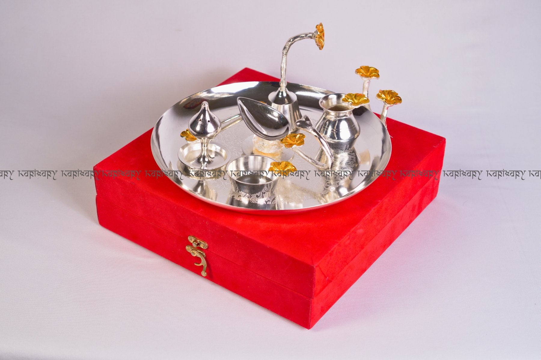 DECORATIVE METAL POOJA THALI SET IN SILVER FINISH, LUXURY POOJA ARTICLES FOR GIFTING, SET OF 7pc, ORANGE FLOWER HIGHLIGHTING