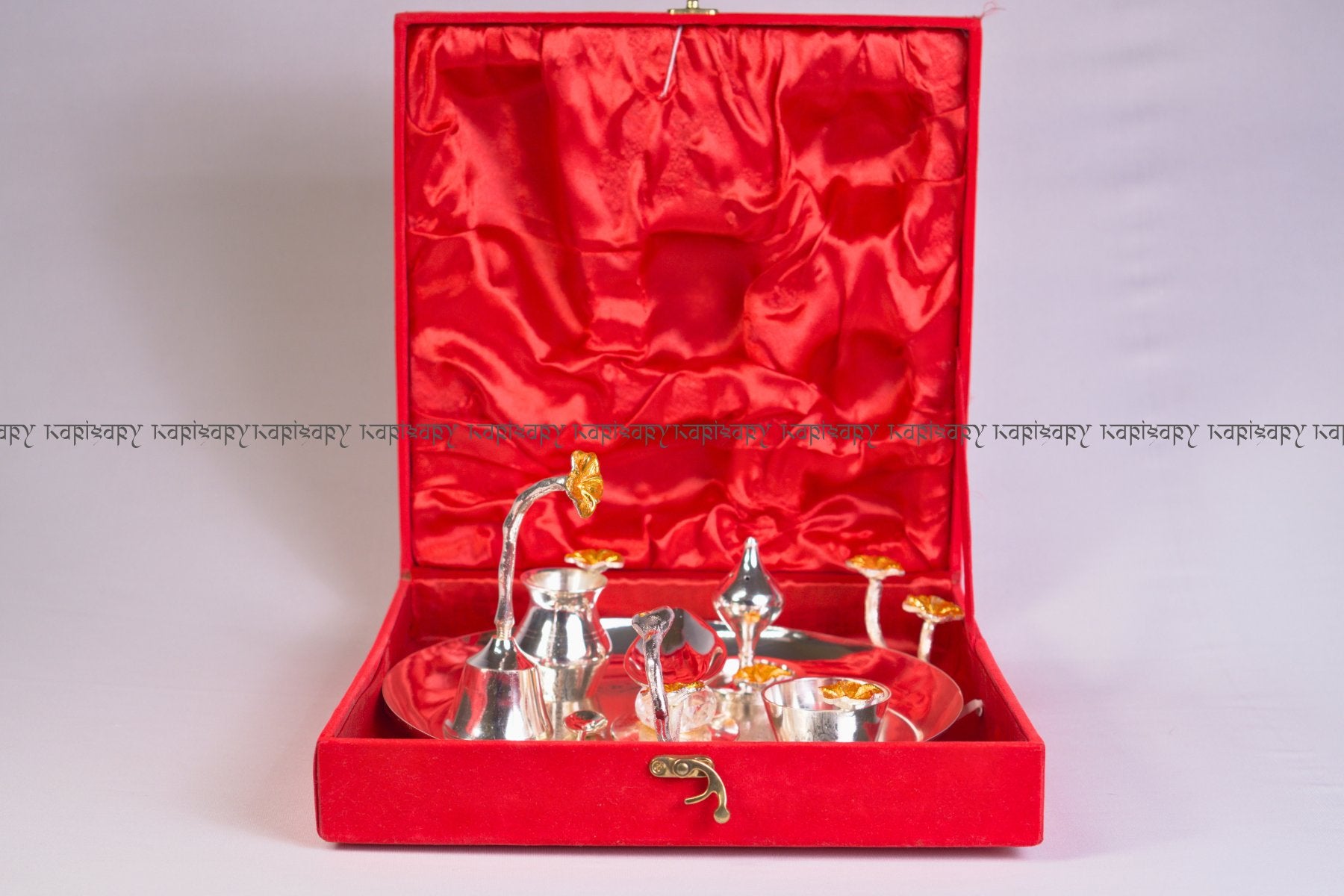 DECORATIVE METAL POOJA THALI SET IN SILVER FINISH, LUXURY POOJA ARTICLES FOR GIFTING, SET OF 7pc, ORANGE FLOWER HIGHLIGHTING