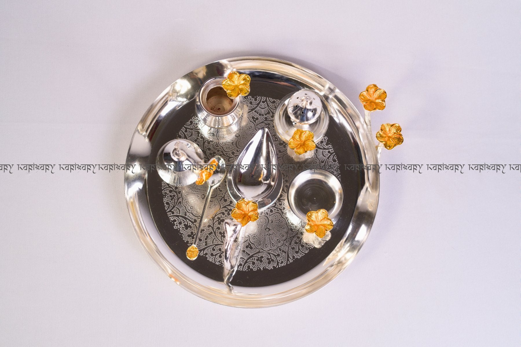 DECORATIVE METAL POOJA THALI SET IN SILVER FINISH, LUXURY POOJA ARTICLES FOR GIFTING, SET OF 7pc, ORANGE FLOWER HIGHLIGHTING