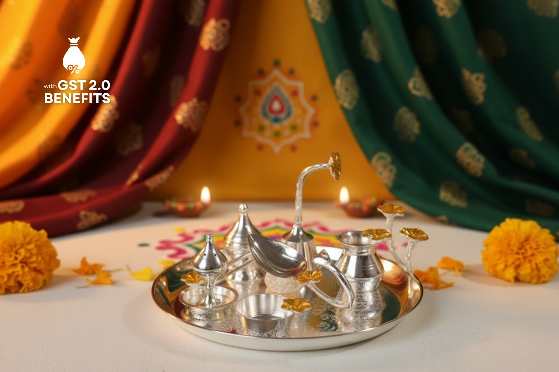 DECORATIVE METAL POOJA THALI SET IN SILVER FINISH, LUXURY POOJA ARTICLES FOR GIFTING, SET OF 7pc, ORANGE FLOWER HIGHLIGHTING