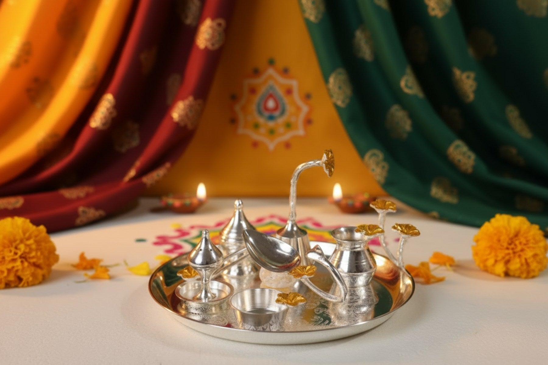 DECORATIVE METAL POOJA THALI SET IN SILVER FINISH, LUXURY POOJA ARTICLES FOR GIFTING, SET OF 7pc, ORANGE FLOWER HIGHLIGHTING