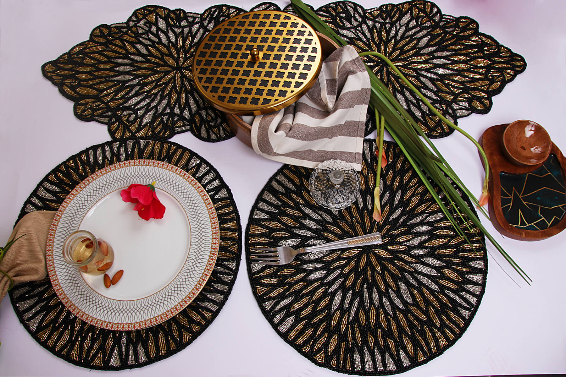 HANDMADE BEADED BLACK DINING TABLE RUNNER 91cm