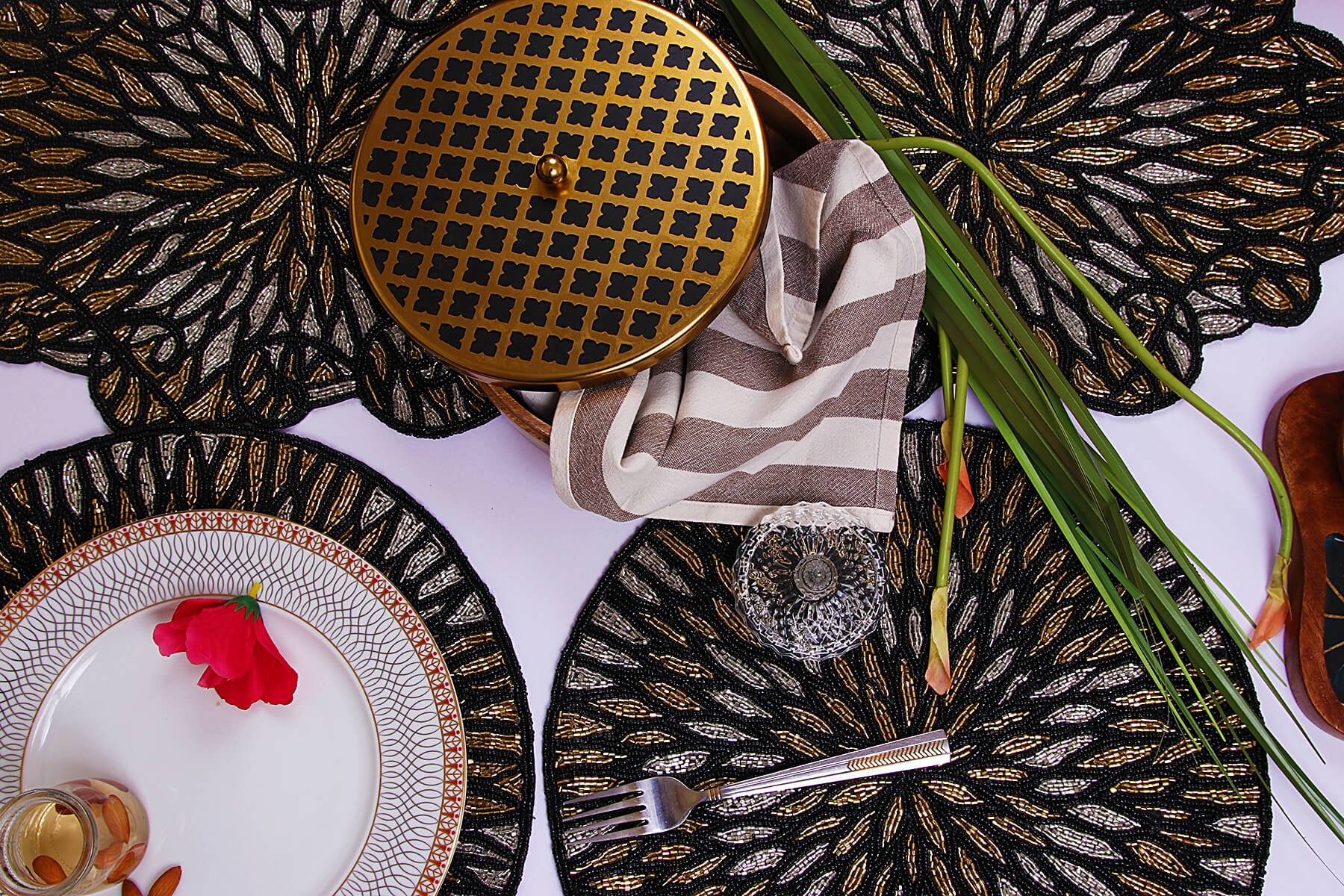 HANDMADE BEADED BLACK DINING TABLE RUNNER 91cm