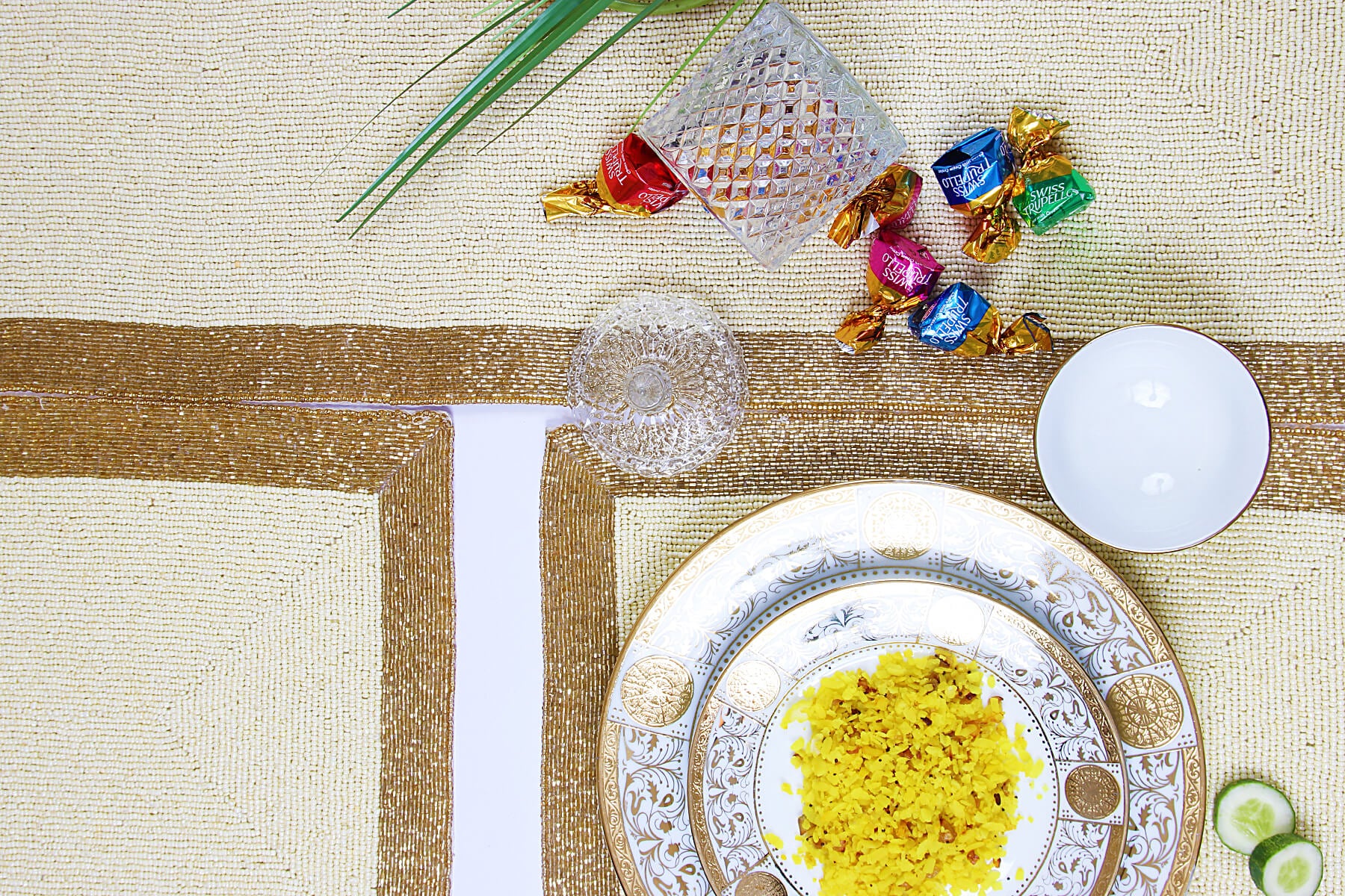 HANDMADE BEADED IVORY RUNNER WITH GOLDEN BORDER 90cm