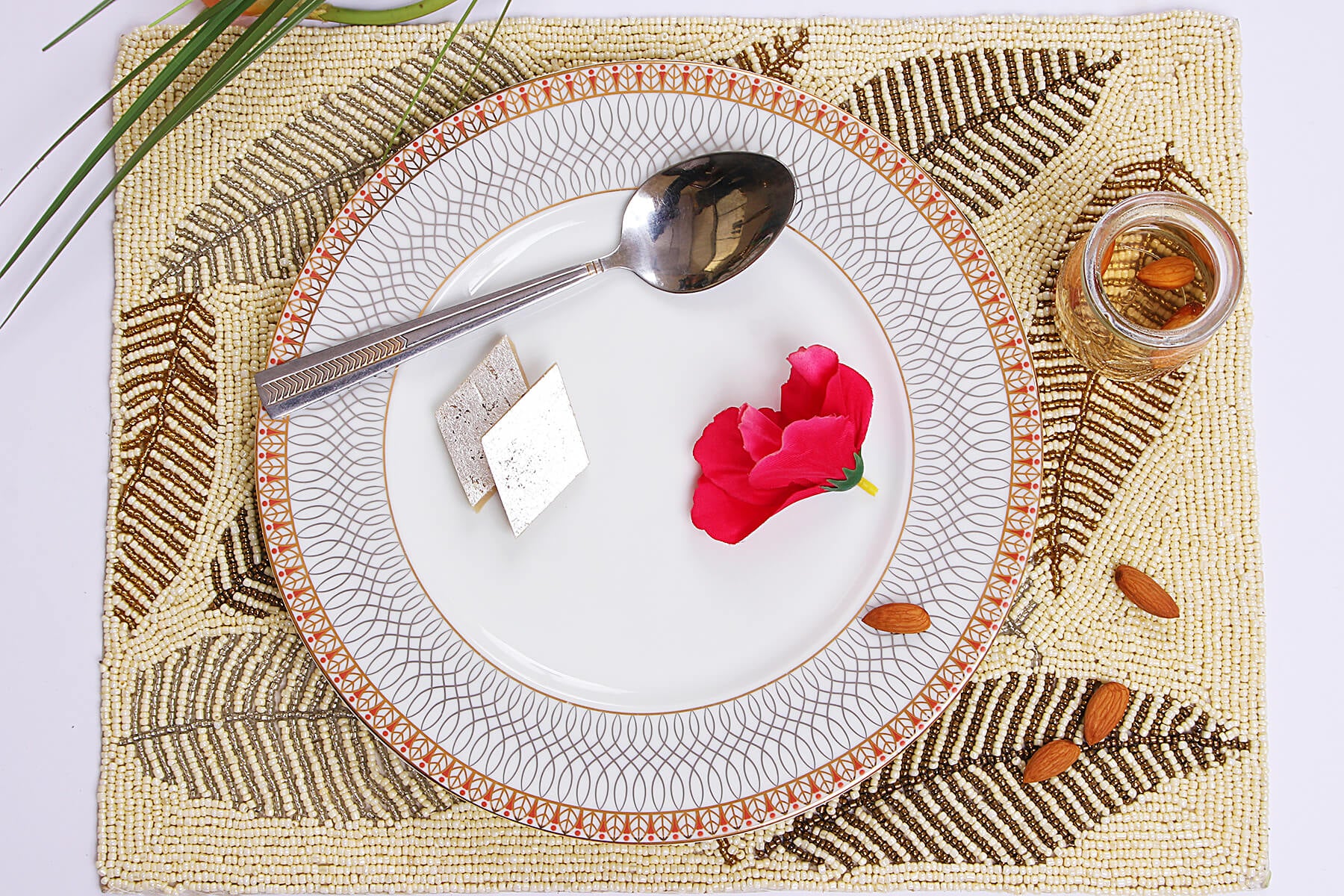 HANDMADE BEADED IVORY PLACEMATS/DINING MATS WITH LEAVES PATTERN 41cm (Set of 2)