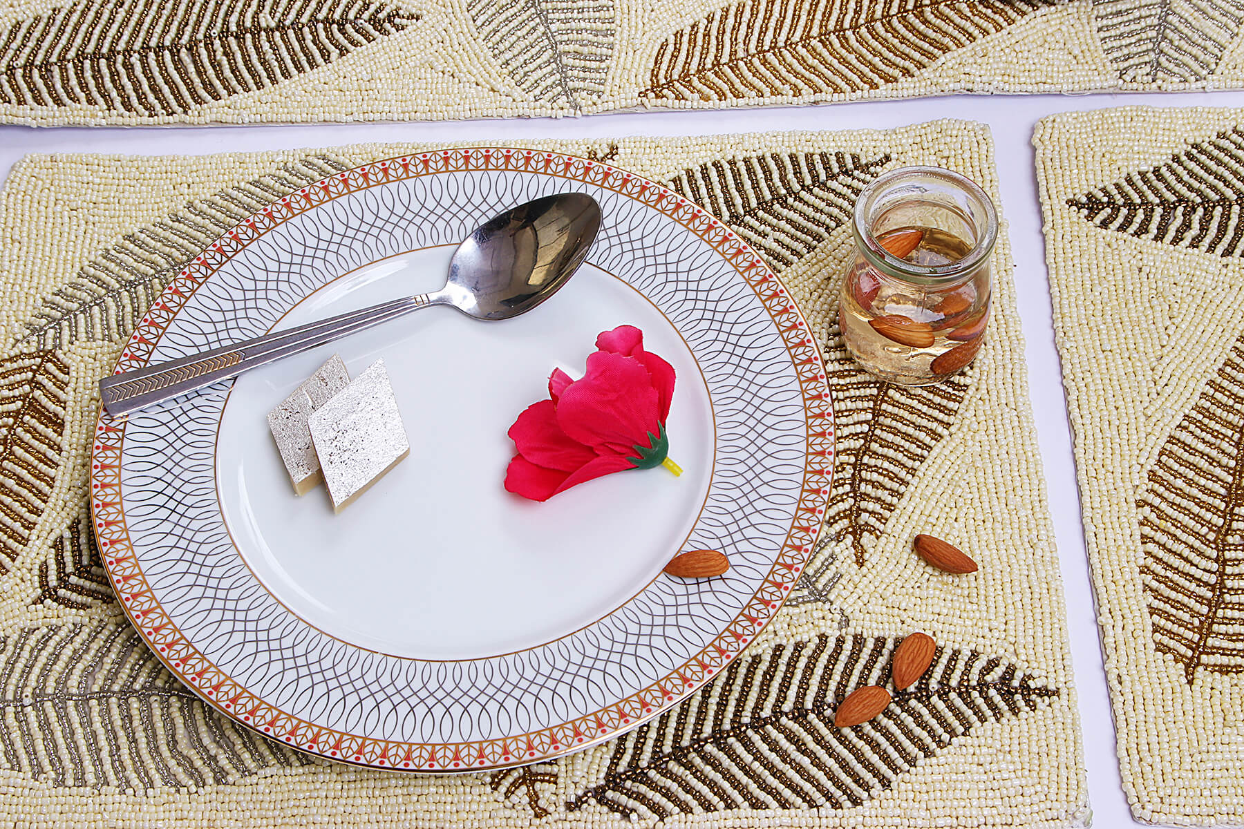 HANDMADE BEADED IVORY PLACEMATS/DINING MATS WITH LEAVES PATTERN 41cm (Set of 2)