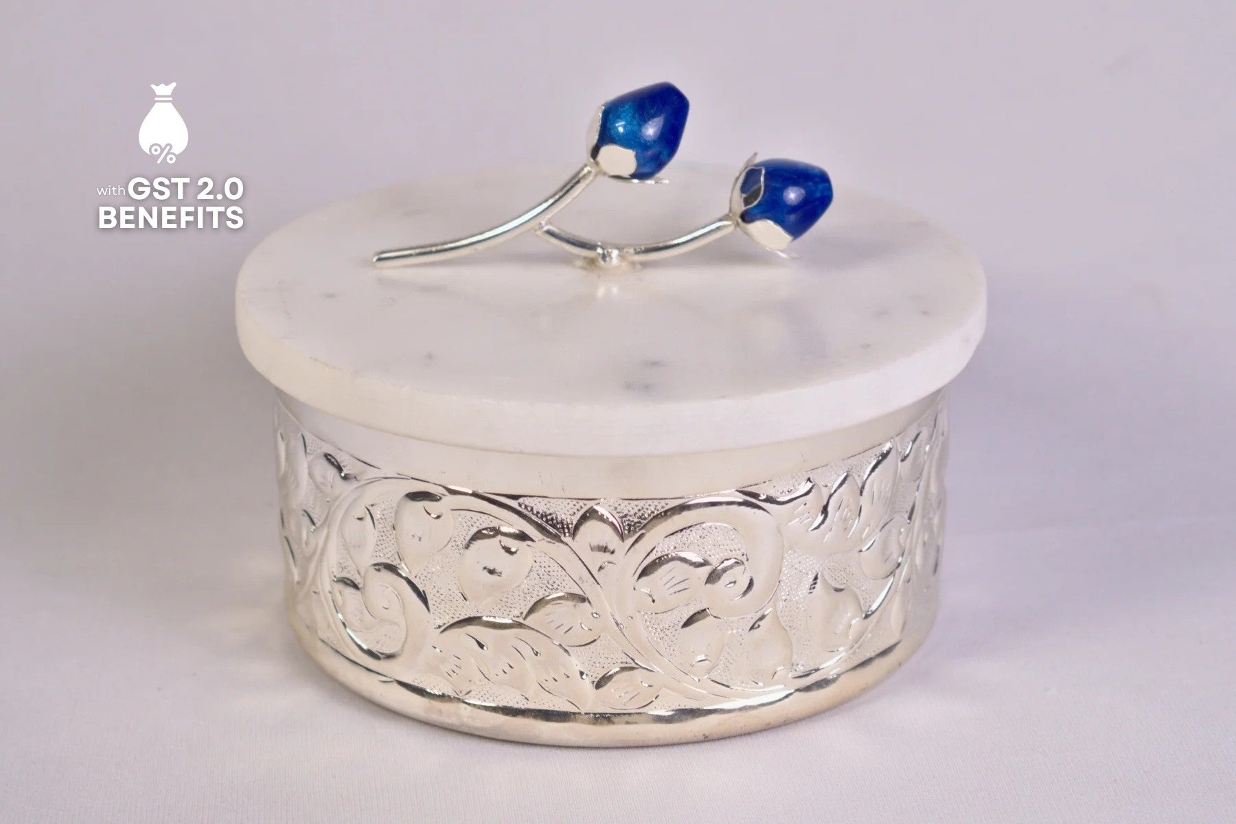 EMBOSSED SILVER JARS WITH MARBLE LID FOR DRY FRUITS/GIFTING (LARGE)