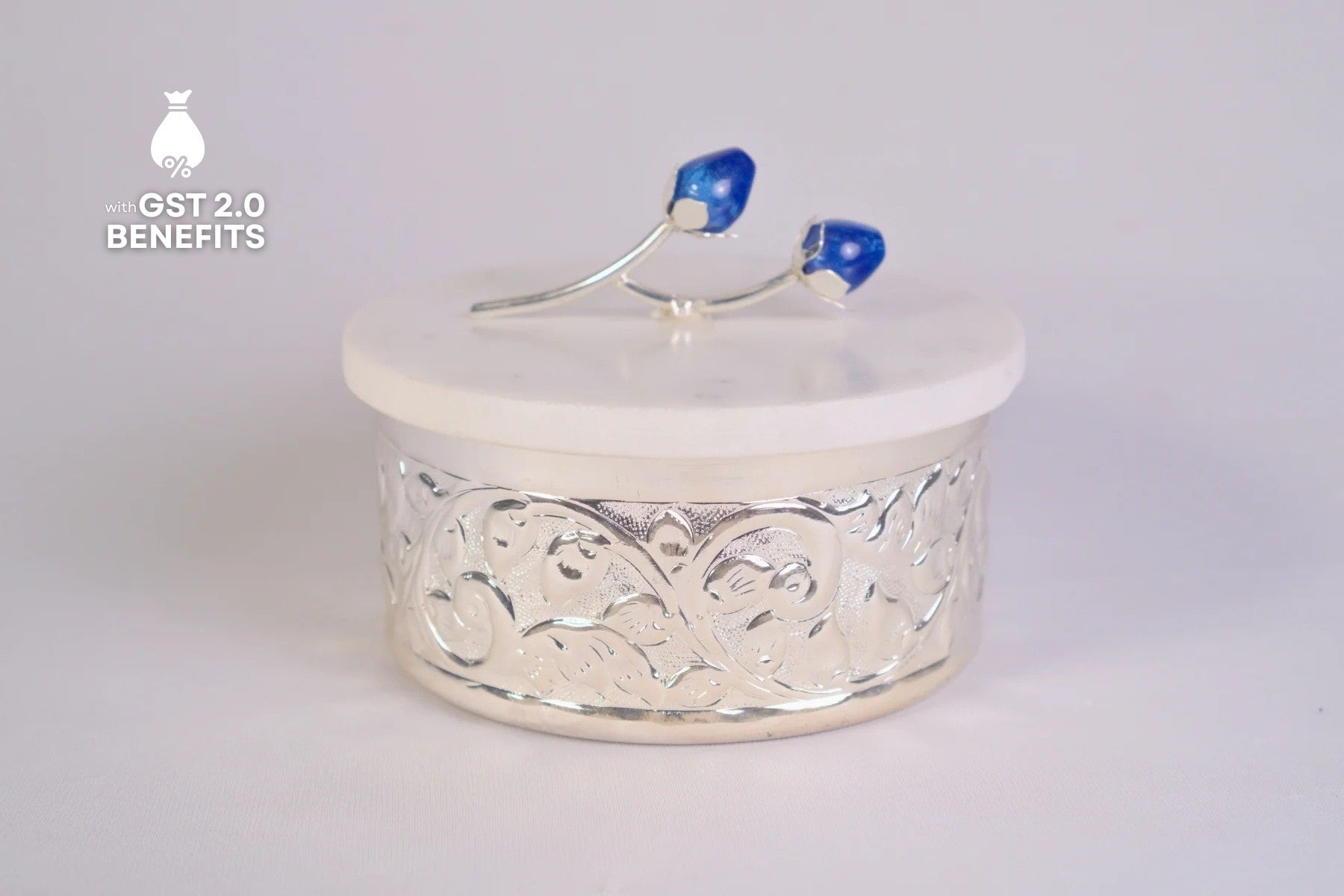 EMBOSSED SILVER JARS WITH MARBLE LID FOR DRYFRUITS/ GIFTING (MEDIUM)