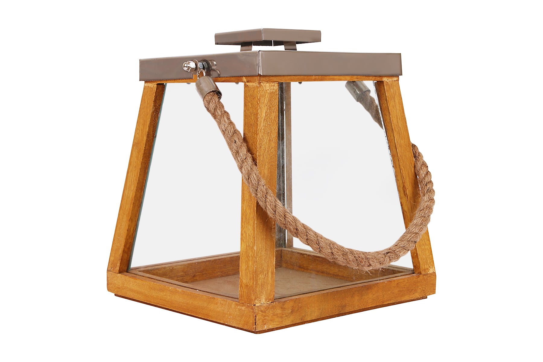 Wooden Lantern/ Candle Holder/ Tapered Shape/ Metal Lid With Rope