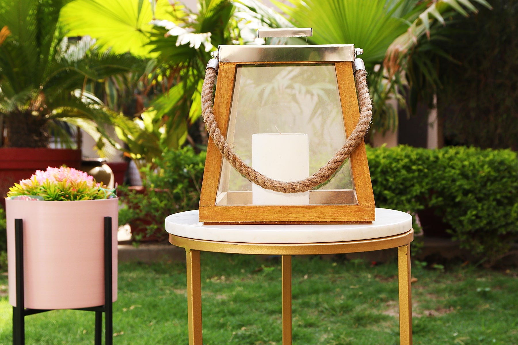 Wooden Lantern/ Candle Holder/ Tapered Shape/ Metal Lid With Rope