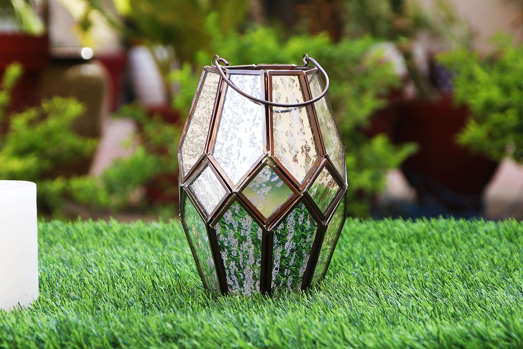 Lantern Candle Holder/ Golden Hexagon Design/ Metal and Glass/ 7.5 x 5 inch/ With Handle