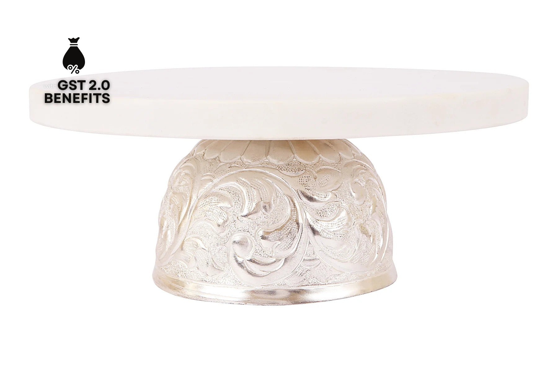MARBLE CAKE STAND WITH SILVER CARVED BASE/ CAKE PLATTER/ SERVING PLATTER