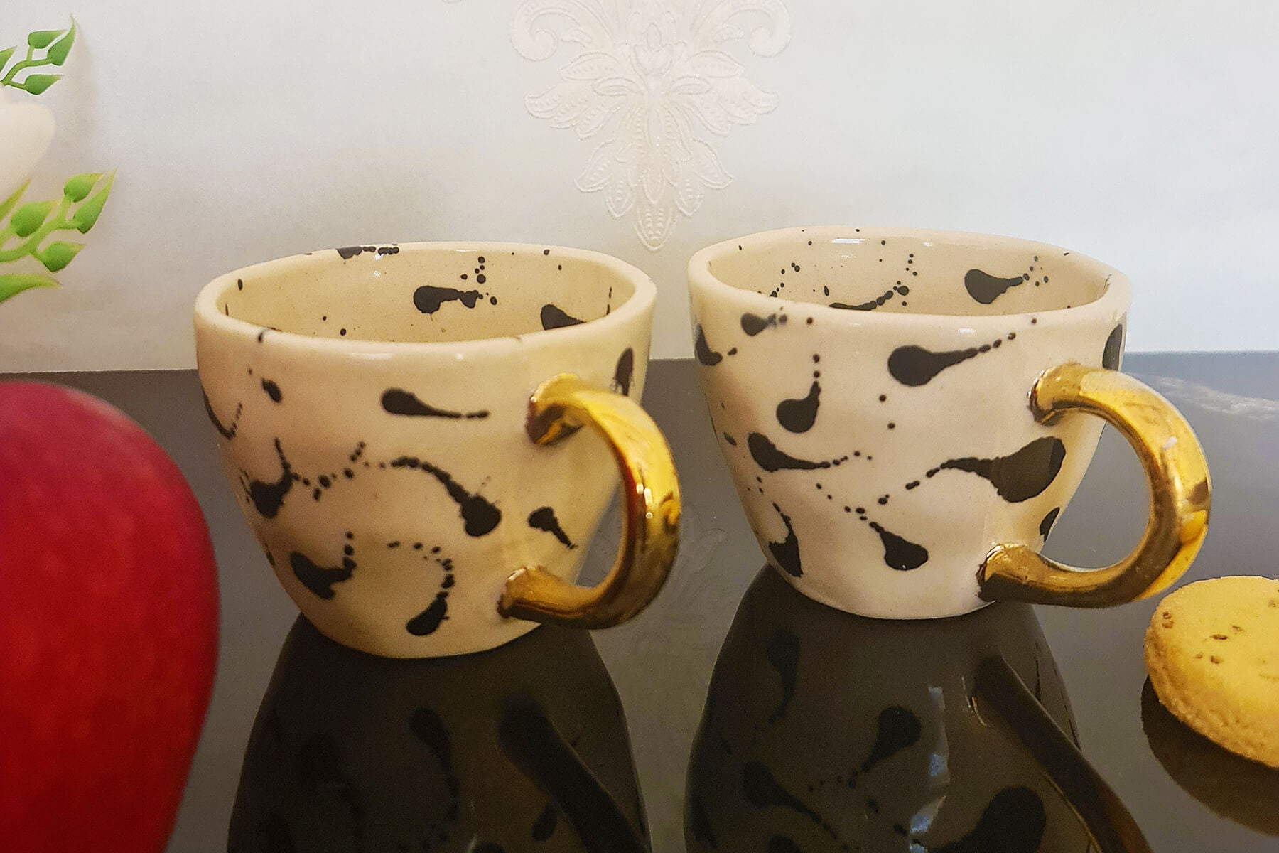 HANDMADE IVORY CERAMIC MUGS WITH BLACK TRAIL DESIGN (SET OF 2)