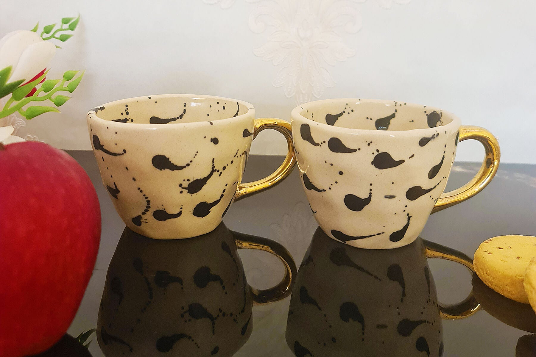 HANDMADE IVORY CERAMIC MUGS WITH BLACK TRAIL DESIGN (SET OF 2)