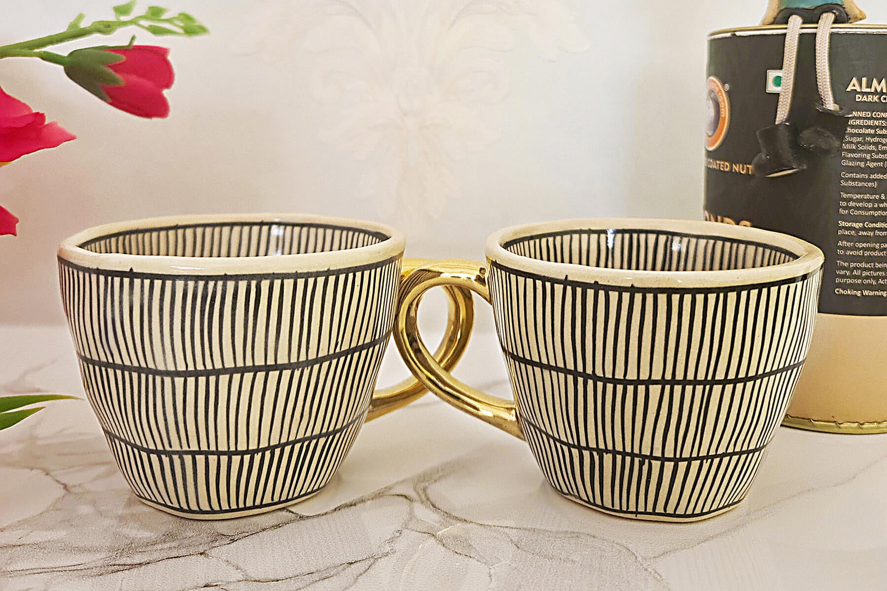 HANDMADE IVORY CERAMIC MUGS WITH BLACK ROWS DESIGN (SET OF 2)