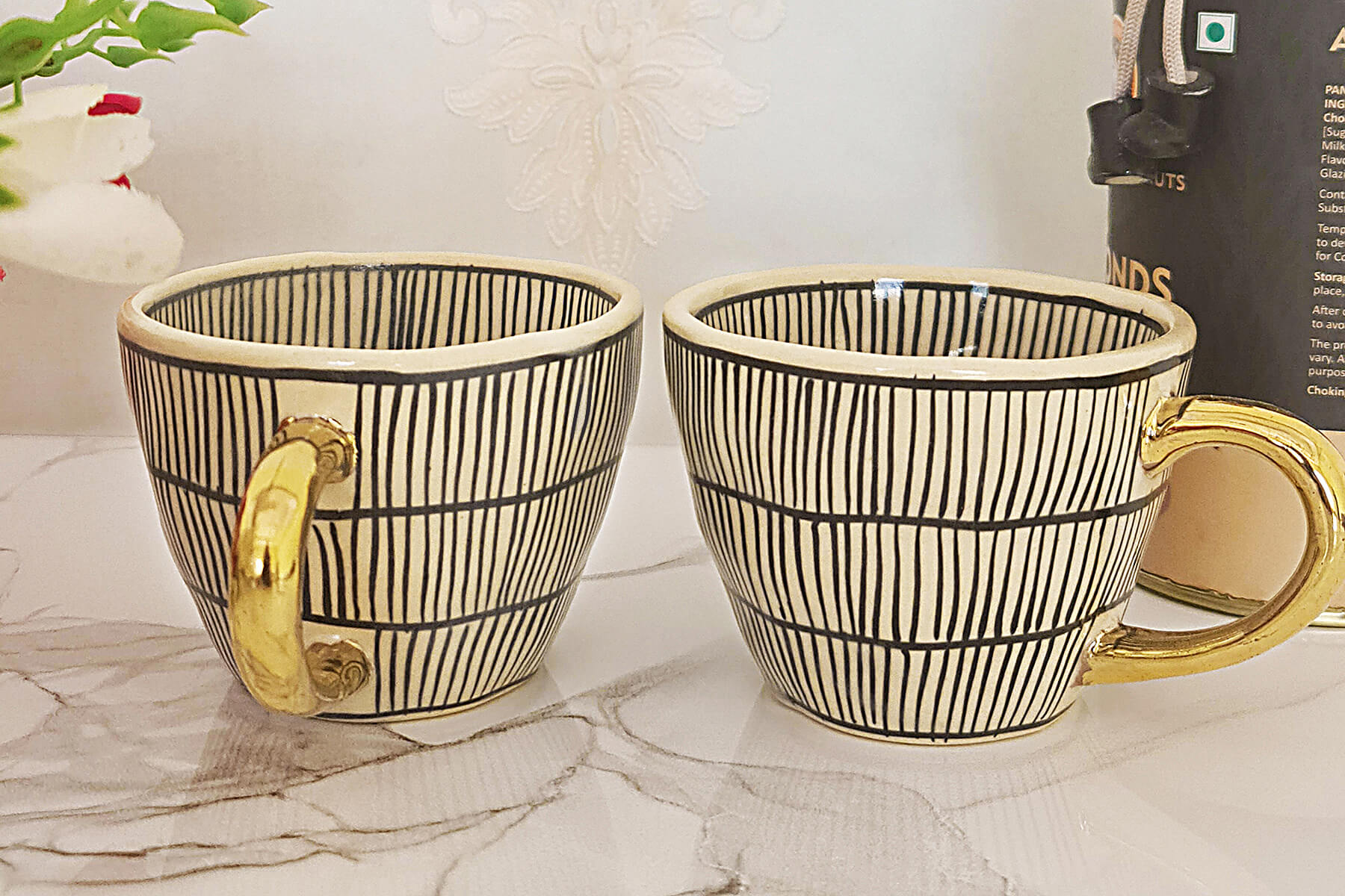 HANDMADE IVORY CERAMIC MUGS WITH BLACK ROWS DESIGN (SET OF 2)