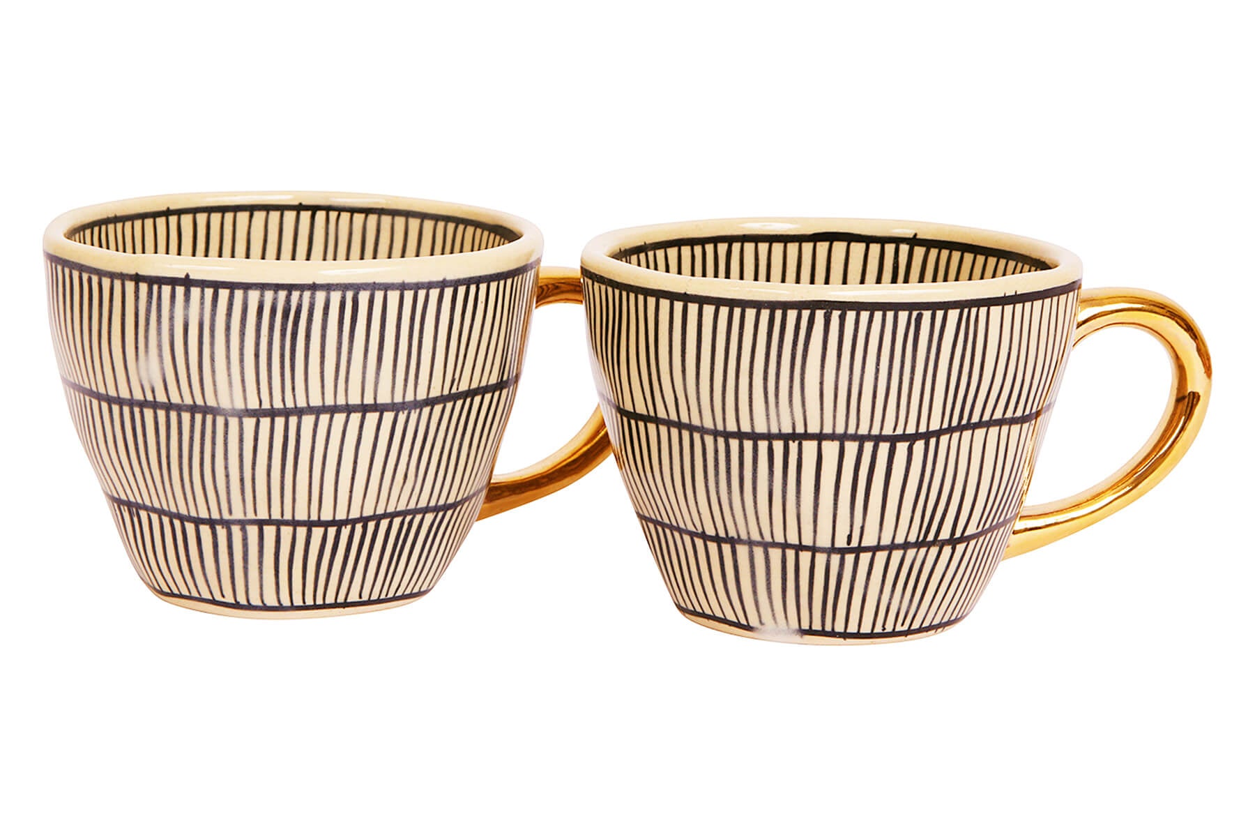 HANDMADE IVORY CERAMIC MUGS WITH BLACK ROWS DESIGN (SET OF 2)
