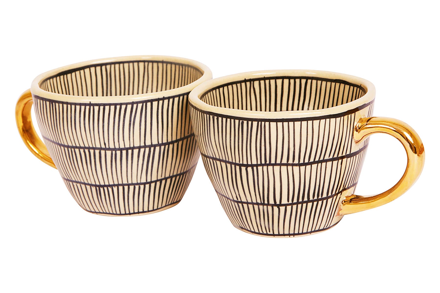 HANDMADE IVORY CERAMIC MUGS WITH BLACK ROWS DESIGN (SET OF 2)