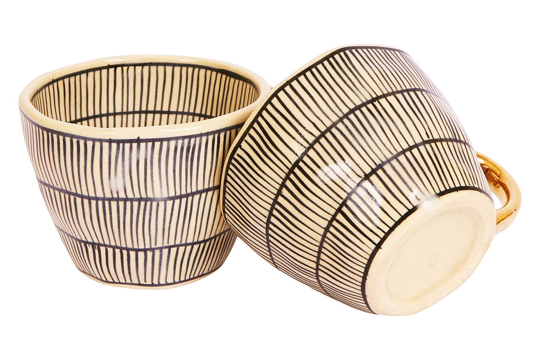 HANDMADE IVORY CERAMIC MUGS WITH BLACK ROWS DESIGN (SET OF 2)