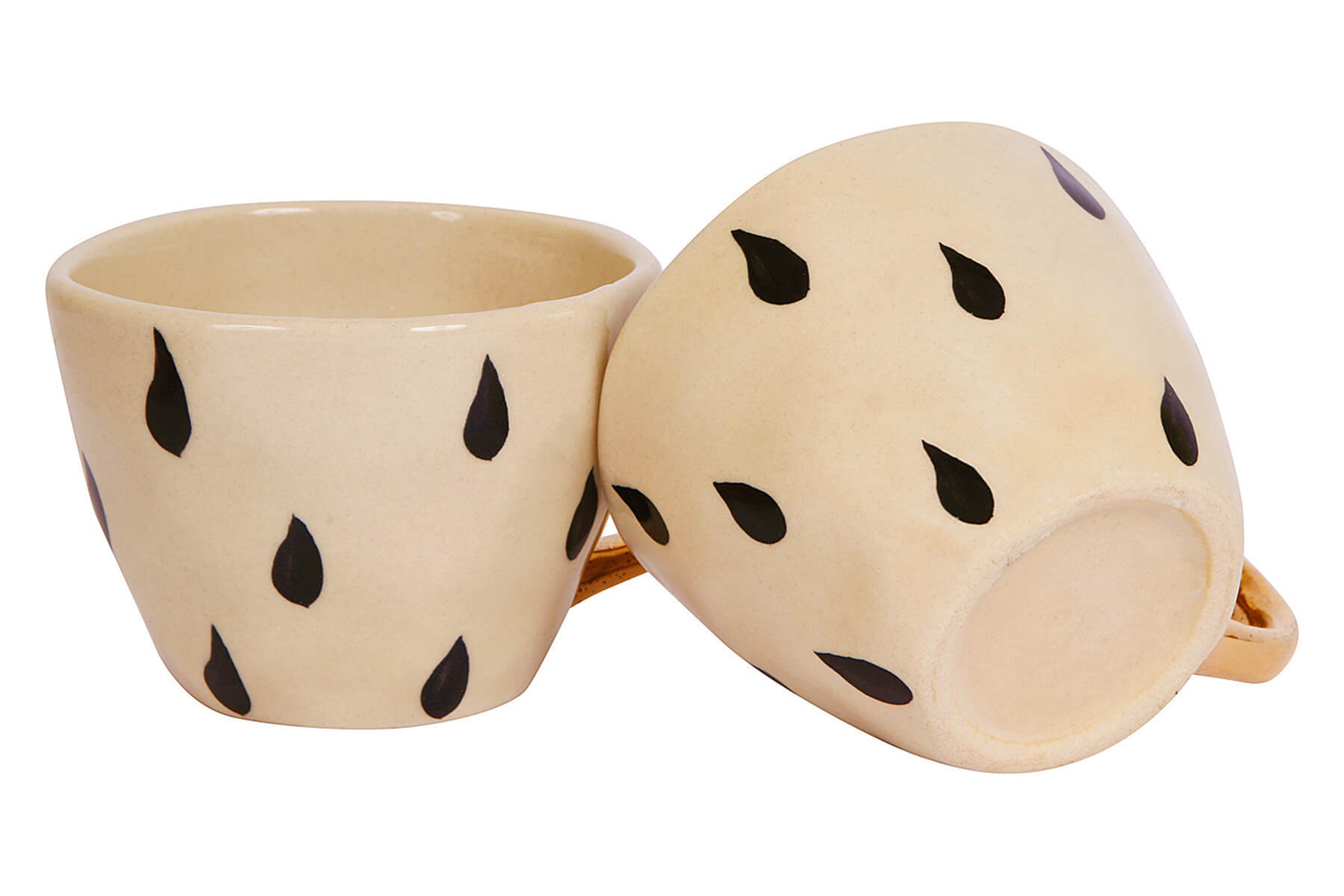 HANDMADE IVORY CERAMIC MUGS WITH BLACK DROPS DESIGN (SET OF 2)
