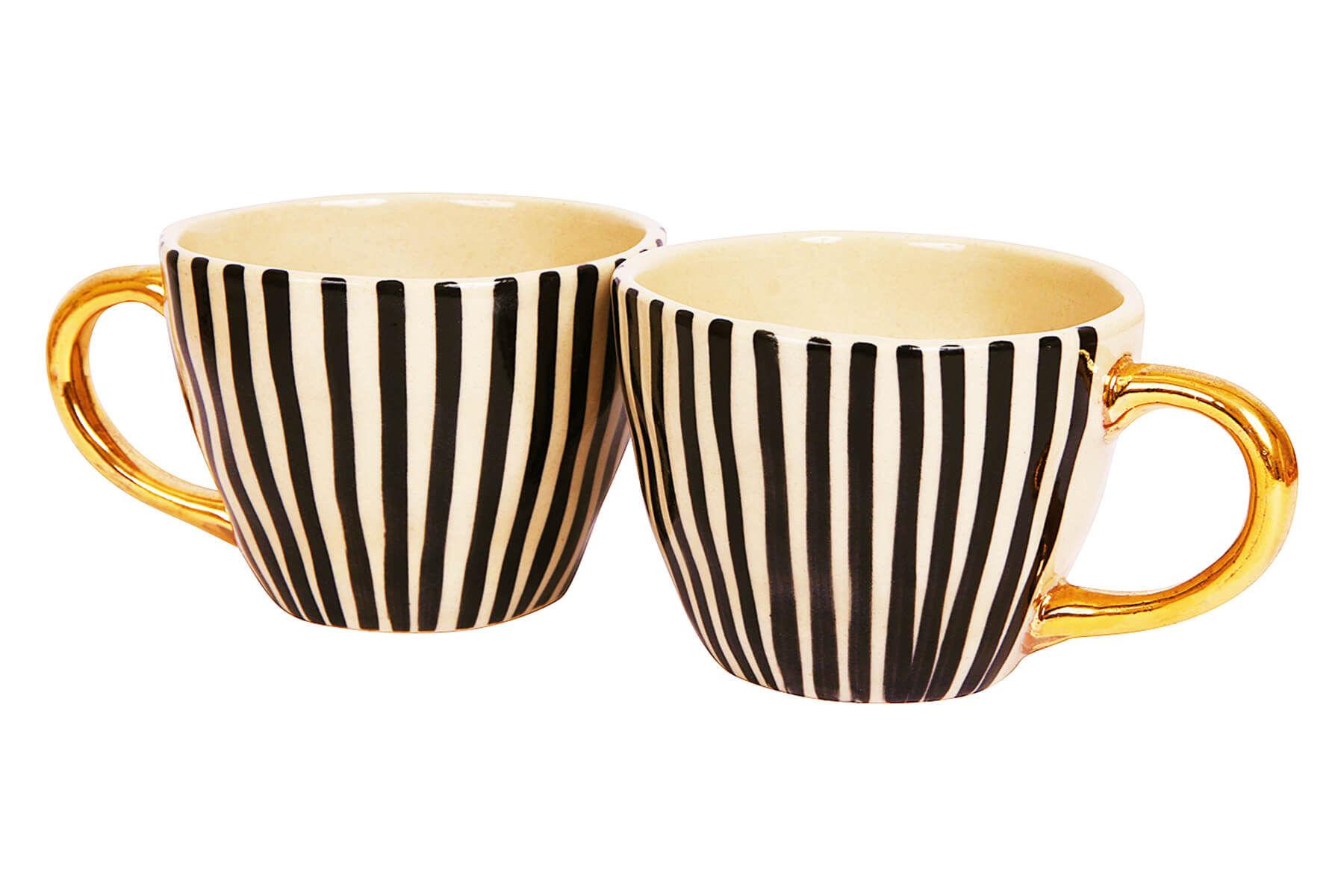 HANDMADE IVORY CERAMIC MUGS WITH BLACK VERTICAL LINES DESIGN (SET OF 2)