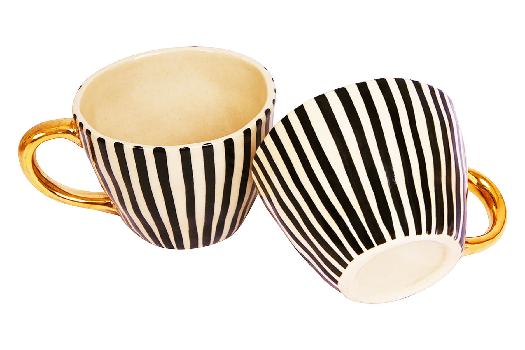 HANDMADE IVORY CERAMIC MUGS WITH BLACK VERTICAL LINES DESIGN (SET OF 2)