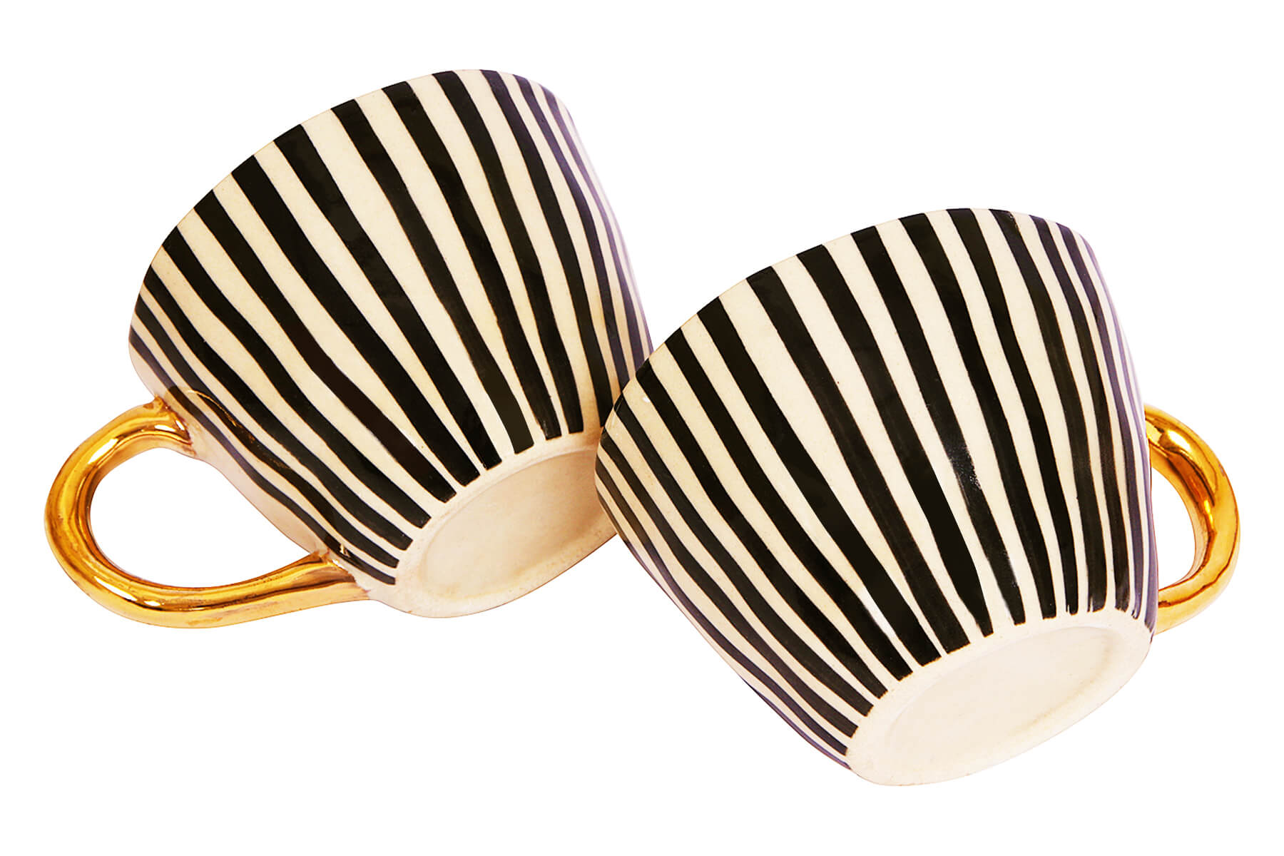HANDMADE IVORY CERAMIC MUGS WITH BLACK VERTICAL LINES DESIGN (SET OF 2)