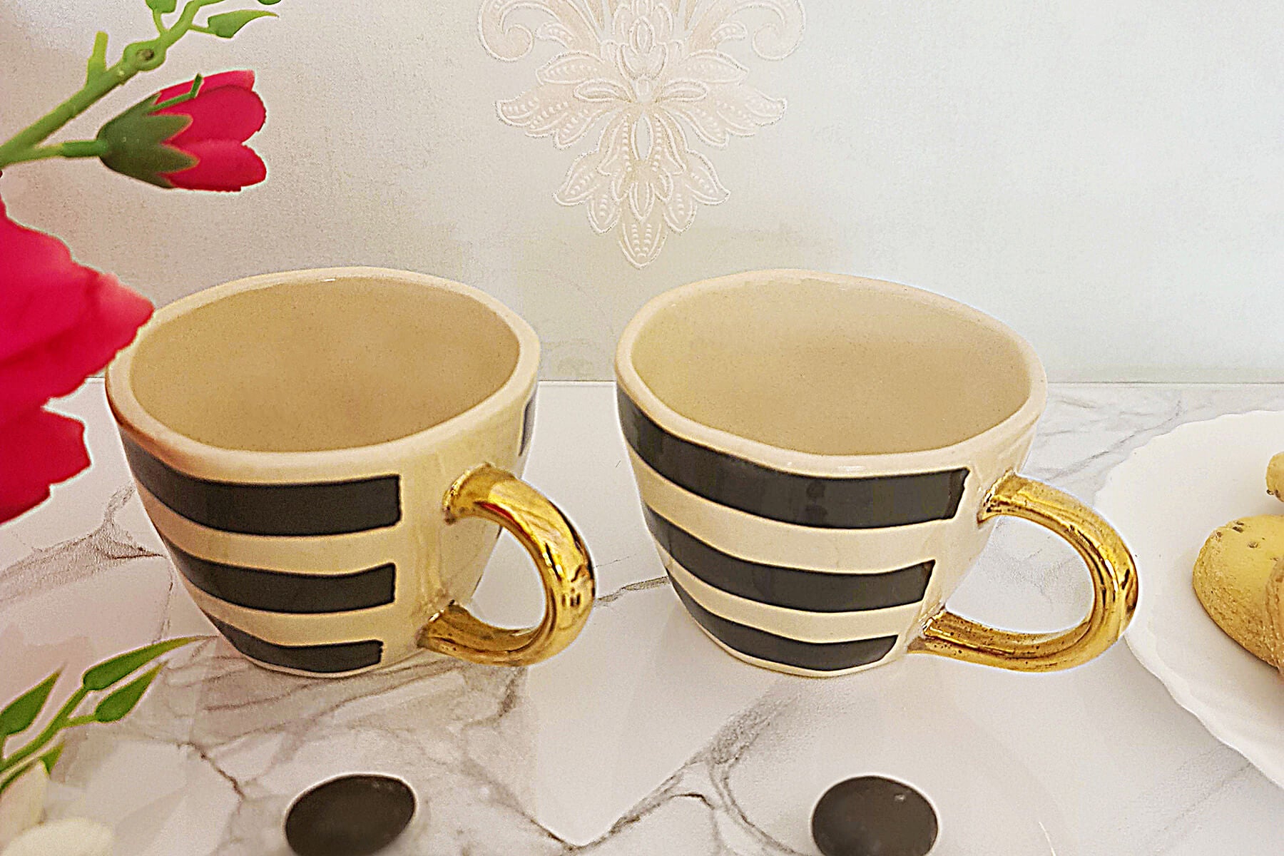 HANDMADE IVORY CERAMIC MUGS WITH BLACK BOLD STRIPES DESIGN (SET OF 2)