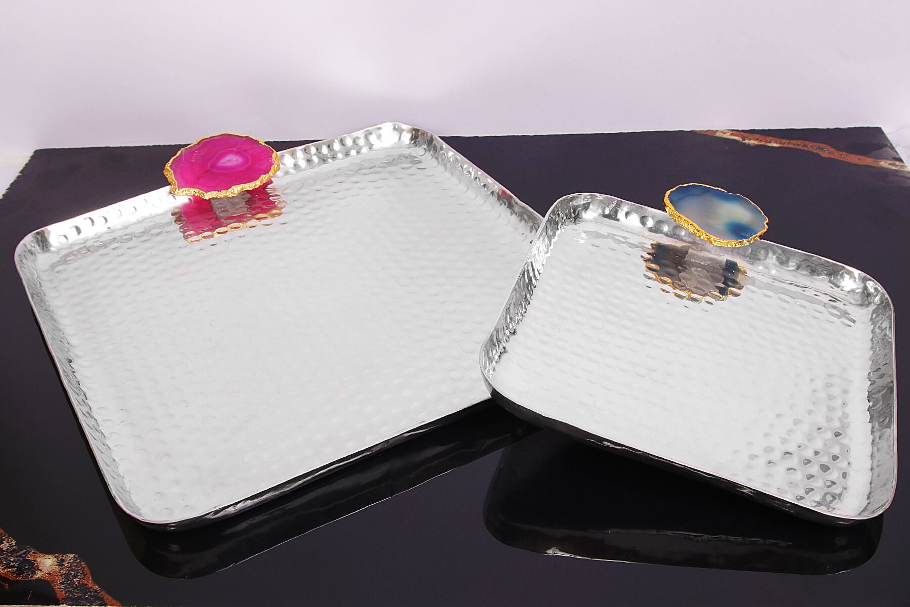 SILVER ROUNDED SQUARE AGATE STONE PLATTER
