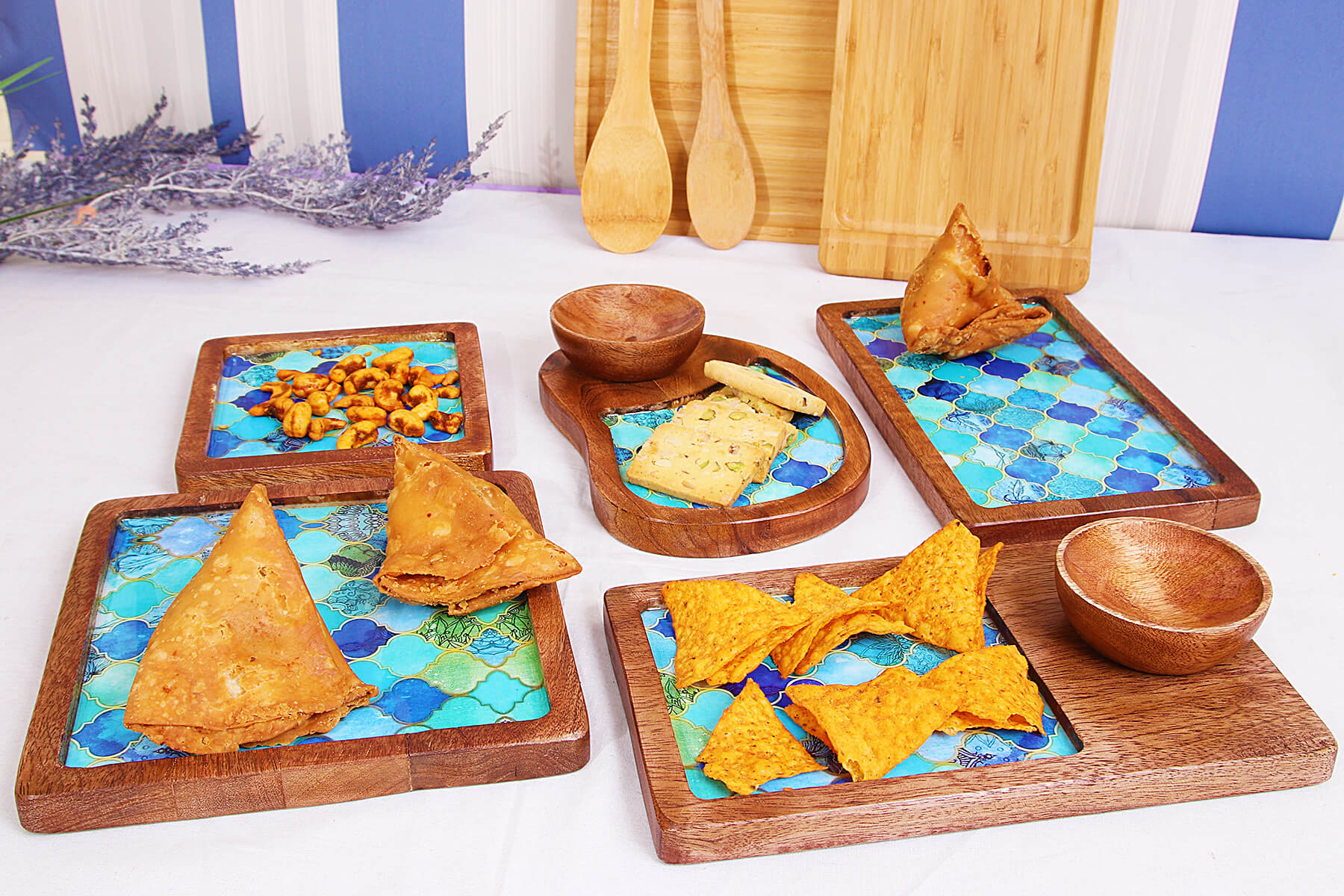 WOODEN SERVING PLATTERS SET/ AZURE DESIGN MANGO WOOD PLATTER/ SET OF 5