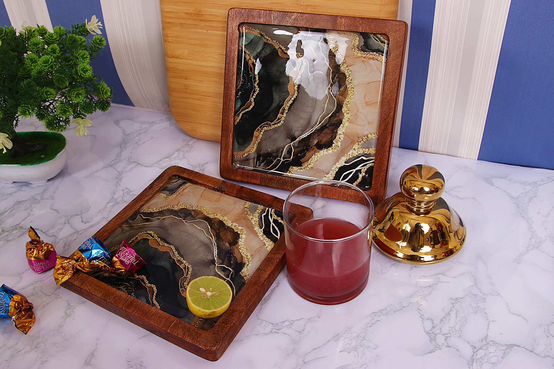 SQUARE WOOD PLATTER MARBLE (SET OF 1)