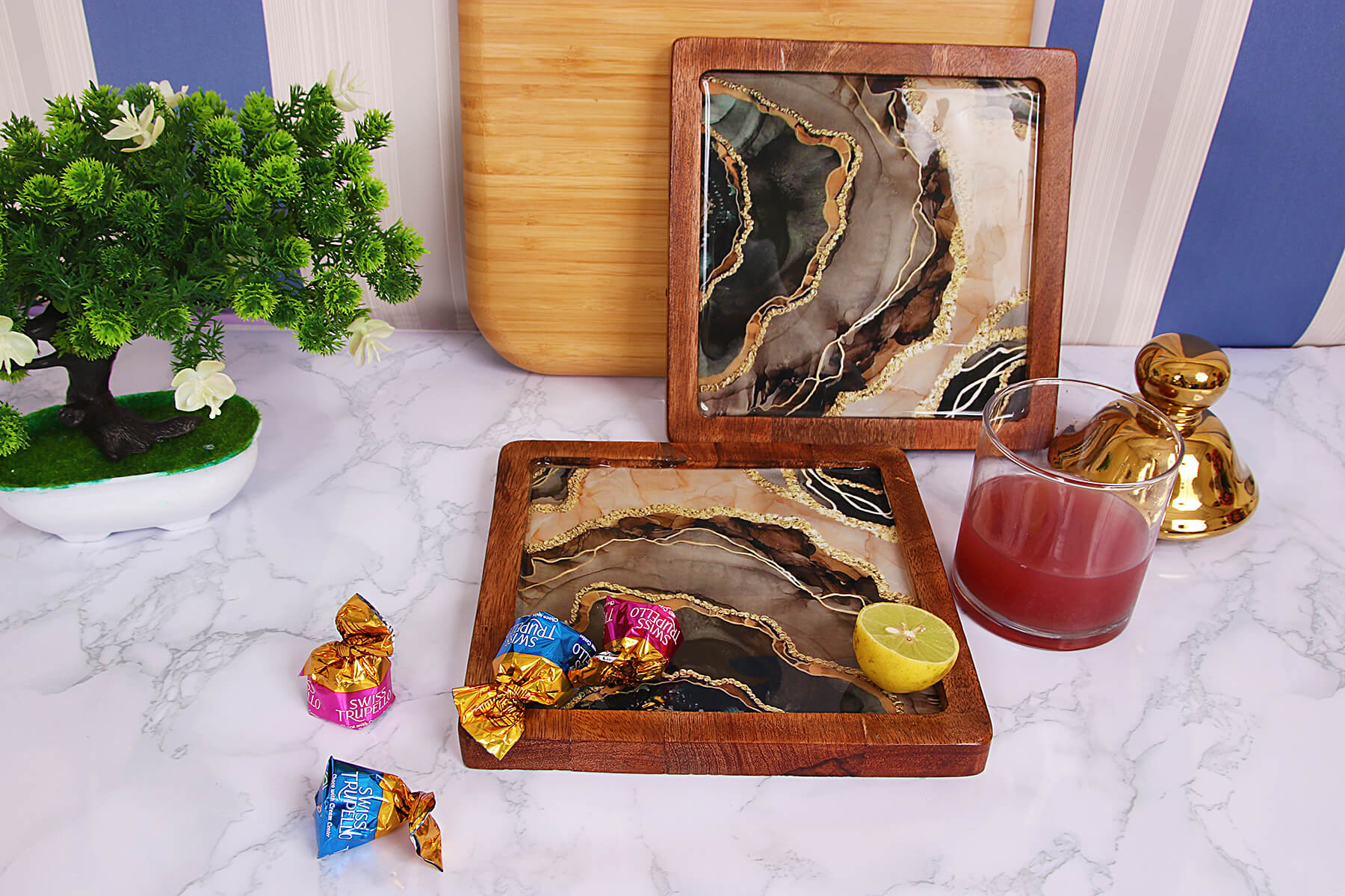 SQUARE WOOD PLATTER MARBLE (SET OF 1)