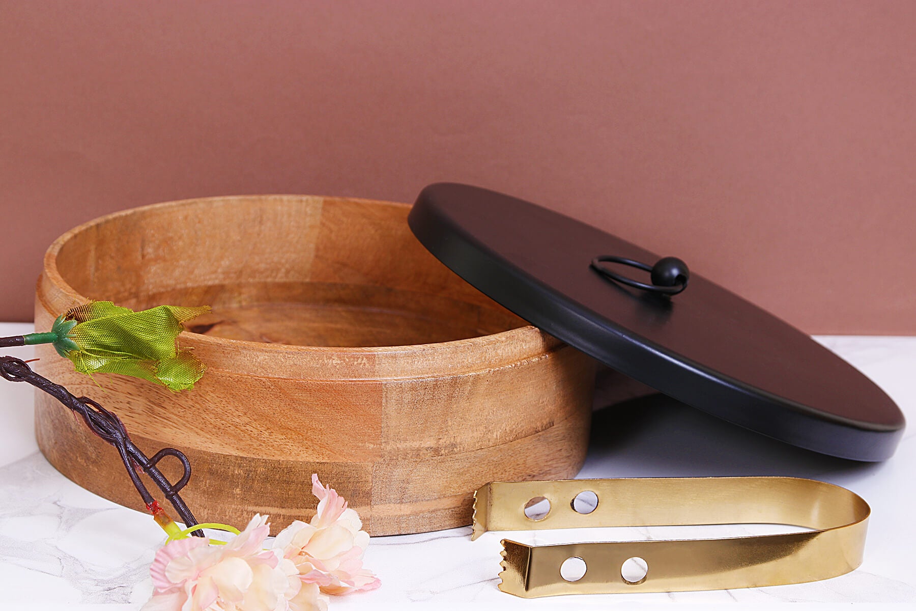 DECORATIVE SERVING BOX/ HANDCRAFTED MANGO WOOD AND BLACK METAL ROTI BOX WITH TONG/ KITCHEN AND DINING