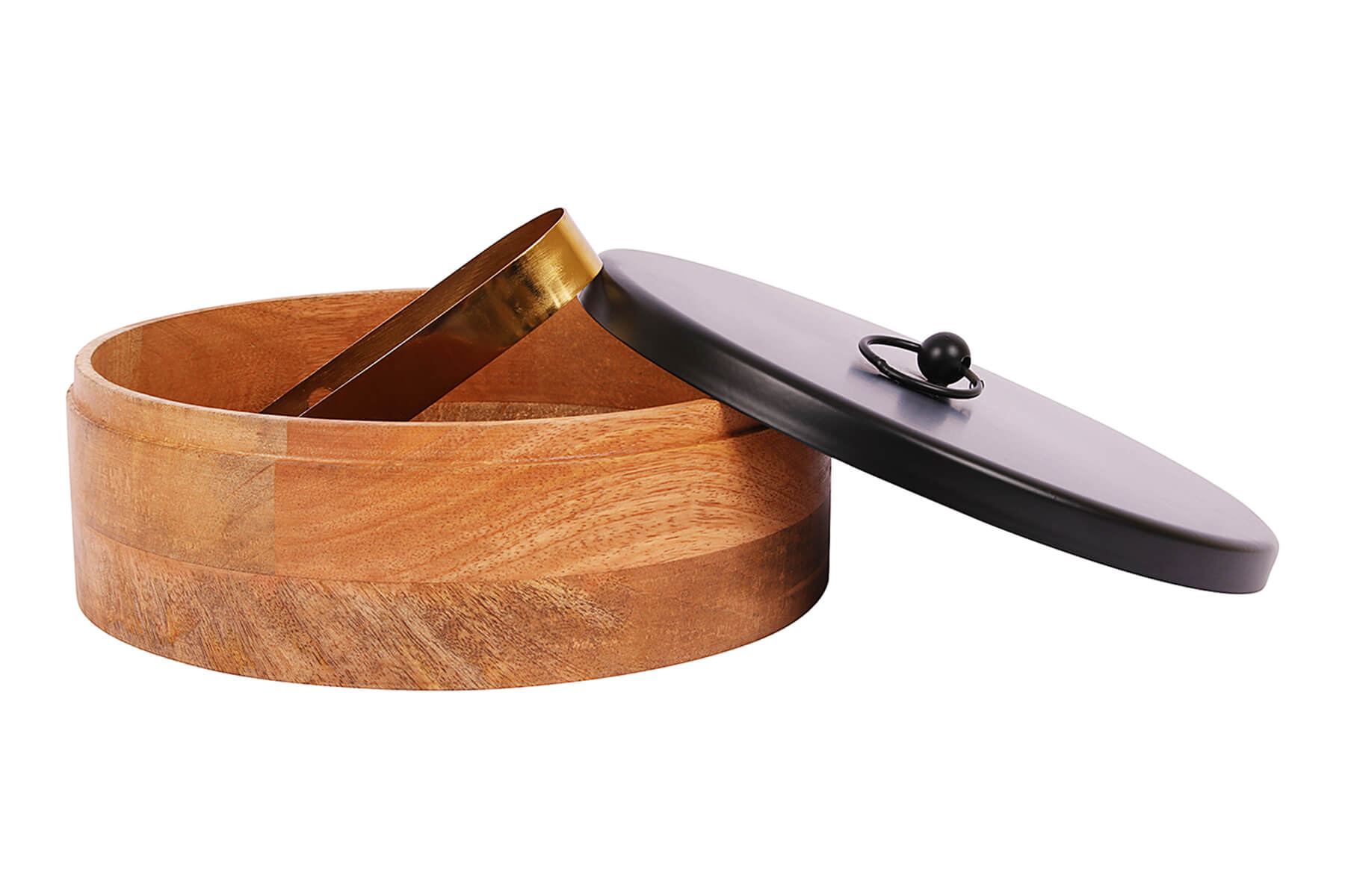 DECORATIVE SERVING BOX/ HANDCRAFTED MANGO WOOD AND BLACK METAL ROTI BOX WITH TONG/ KITCHEN AND DINING