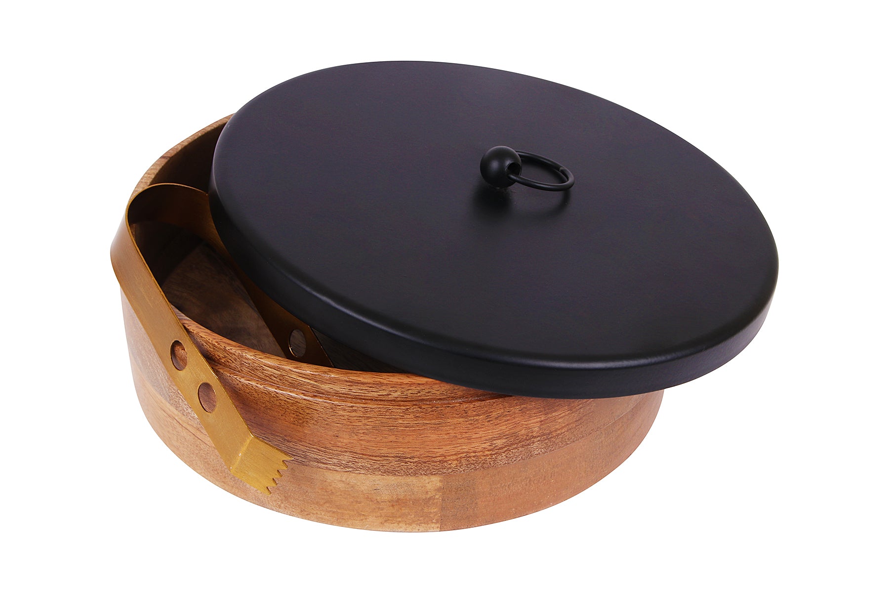 DECORATIVE SERVING BOX/ HANDCRAFTED MANGO WOOD AND BLACK METAL ROTI BOX WITH TONG/ KITCHEN AND DINING