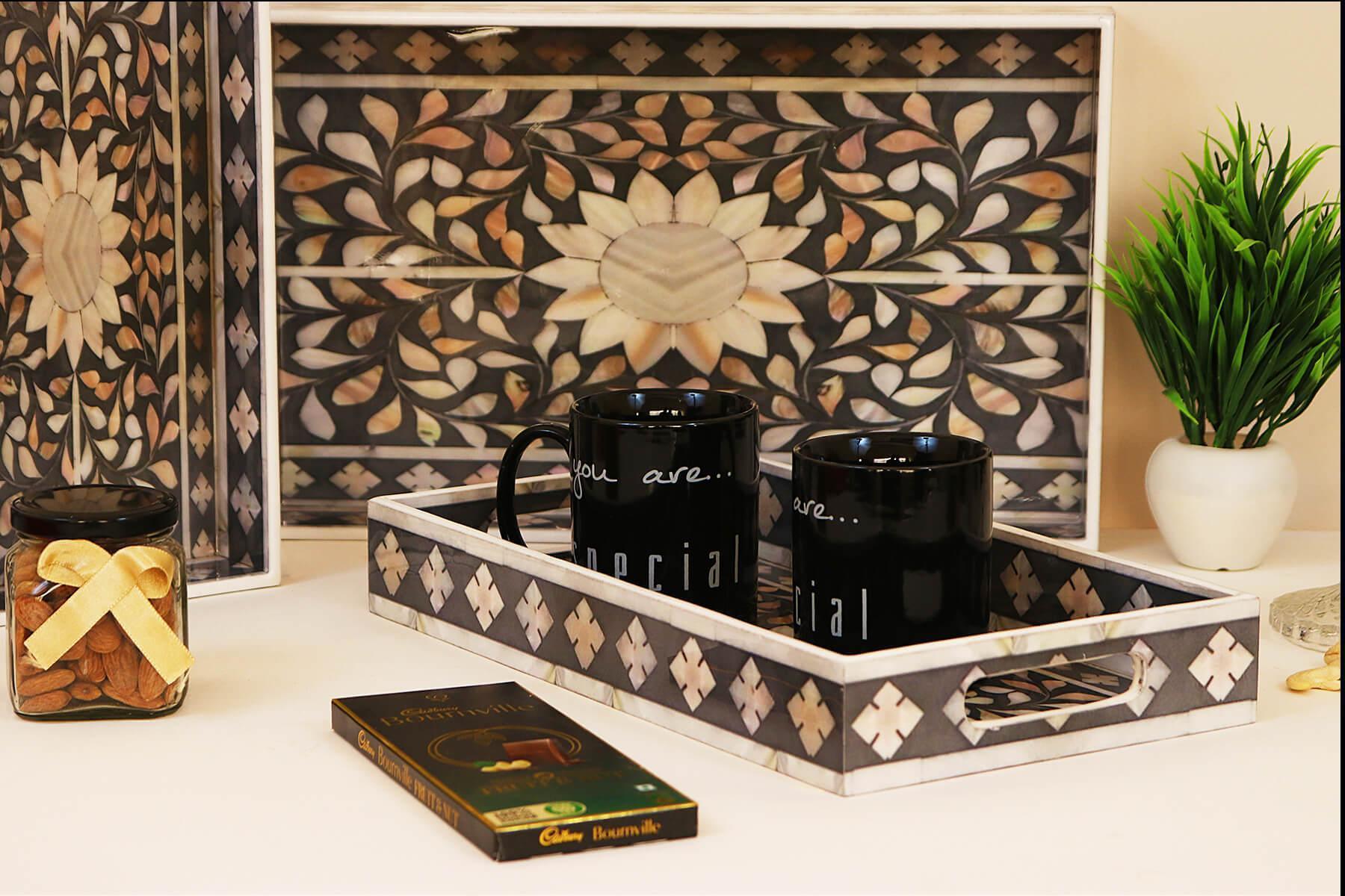 GREY MUGHAL PRINT SERVING TRAYS SET OF 3