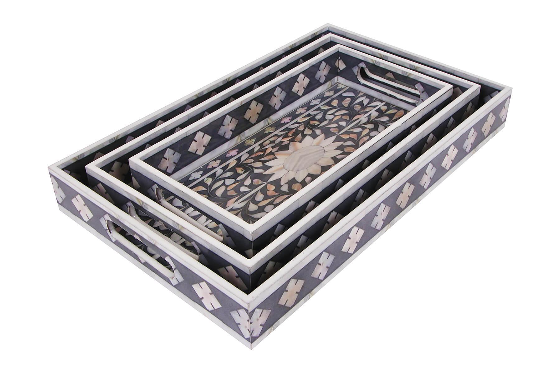 GREY MUGHAL PRINT SERVING TRAYS SET OF 3